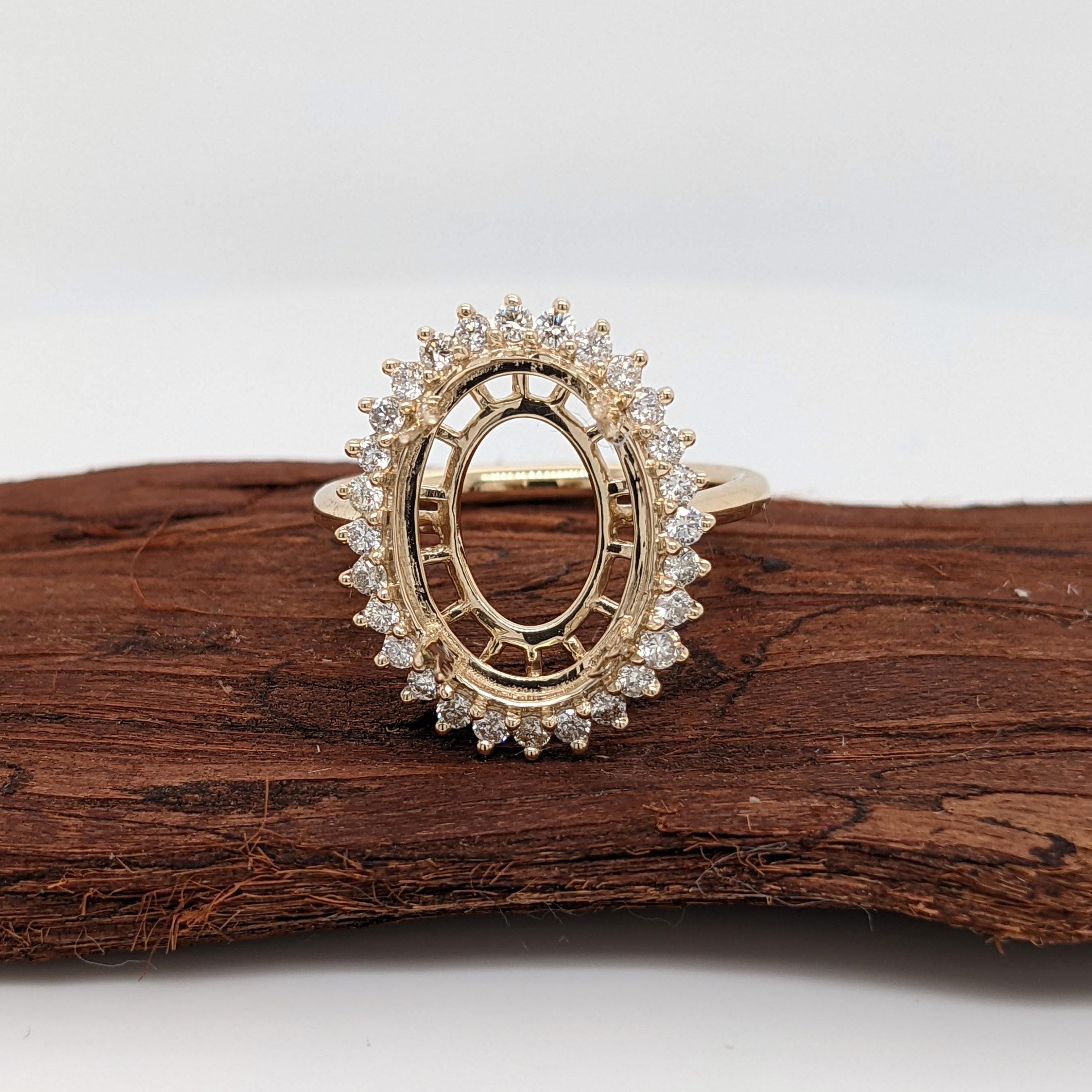 Statement Rings-Statement Flower Diamond Halo Ring Setting in 14K Solid Gold | Oval 14x10mm | Large Gemstone Ring Setting | Art Deco Ring | Customizable - NNJGemstones