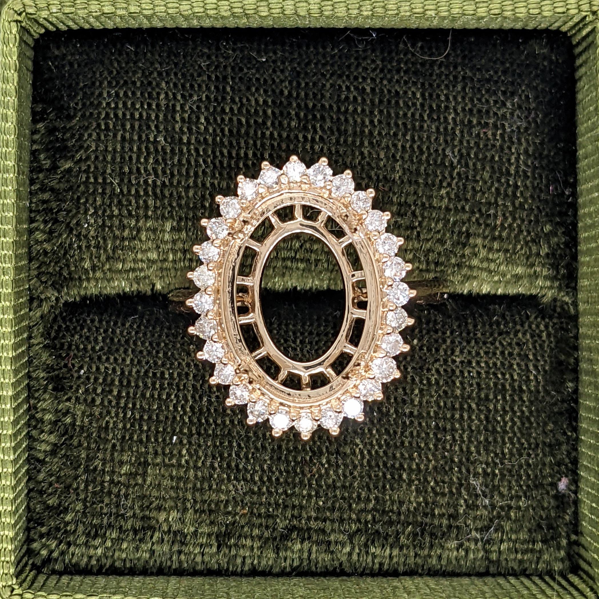 Statement Rings-Statement Flower Diamond Halo Ring Setting in 14K Solid Gold | Oval 14x10mm | Large Gemstone Ring Setting | Art Deco Ring | Customizable - NNJGemstones