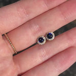 Blue Sapphire Stud Earrings w Natural Diamond Halo in Solid 14k White and Yellow Gold | Round 4mm | Pushback | September Birthstone