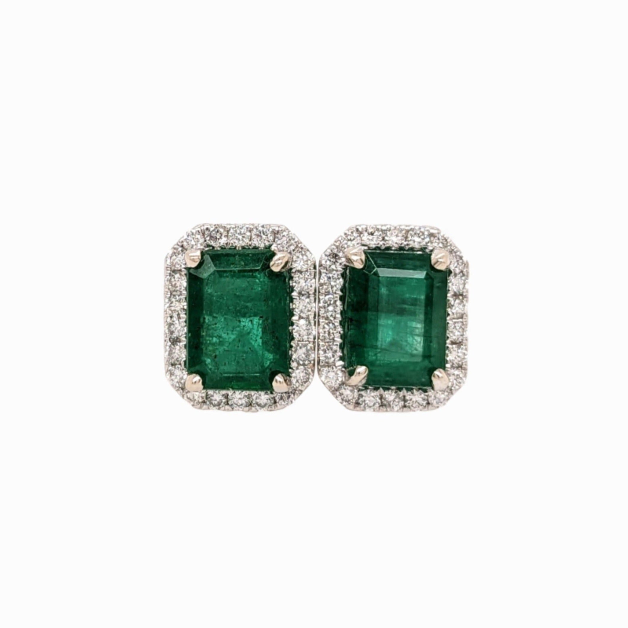 2.3ct Zambian Emerald Stud Earrings w Natural Diamond Halo in Solid 14K Gold 7x5