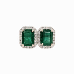 2.3ct Zambian Emerald Stud Earrings w Natural Diamond Halo in Solid 14K Gold 7x5