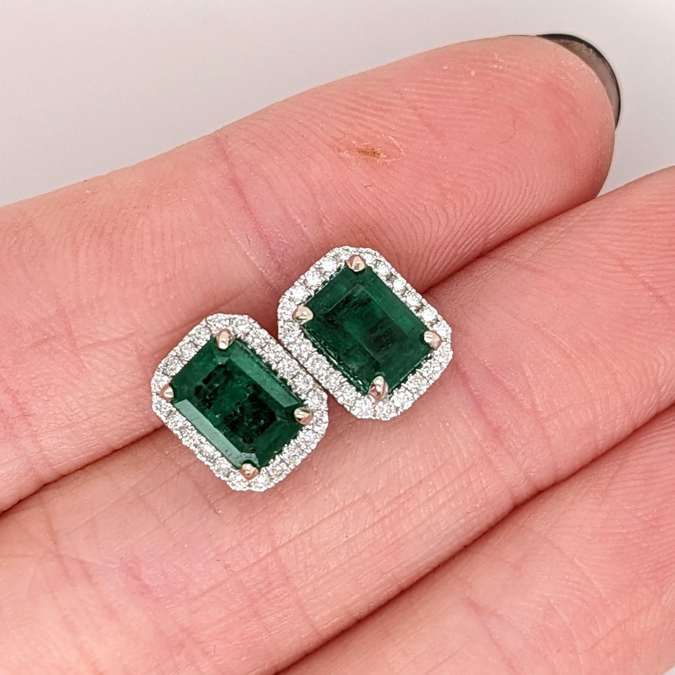 2.3ct Zambian Emerald Stud Earrings w Natural Diamond Halo in Solid 14K Gold 7x5