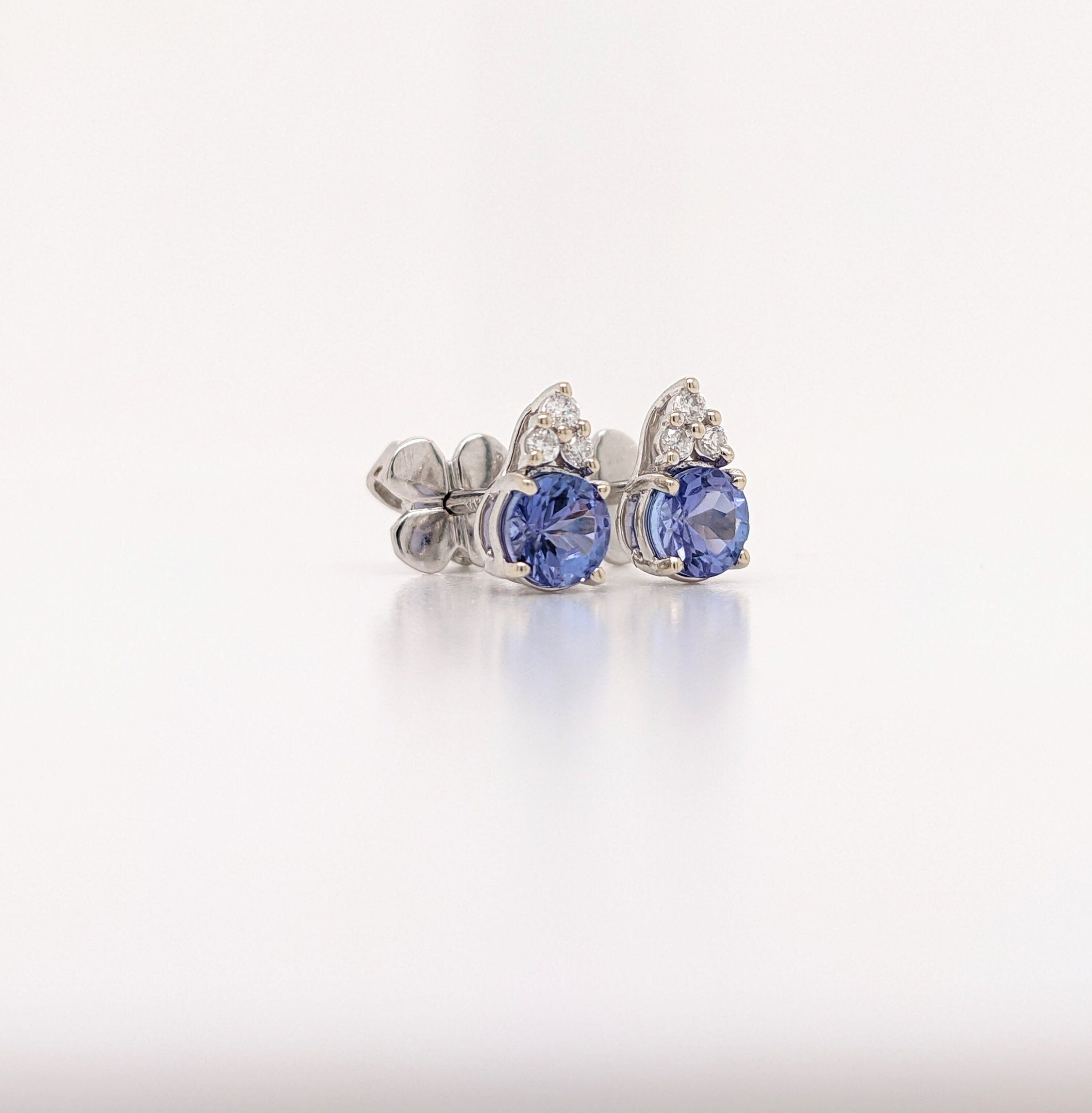 Tanzanite and Diamond Earring Studs in Solid 14K White Gold | Round 4mm | December Birthstone | Ready to Ship!