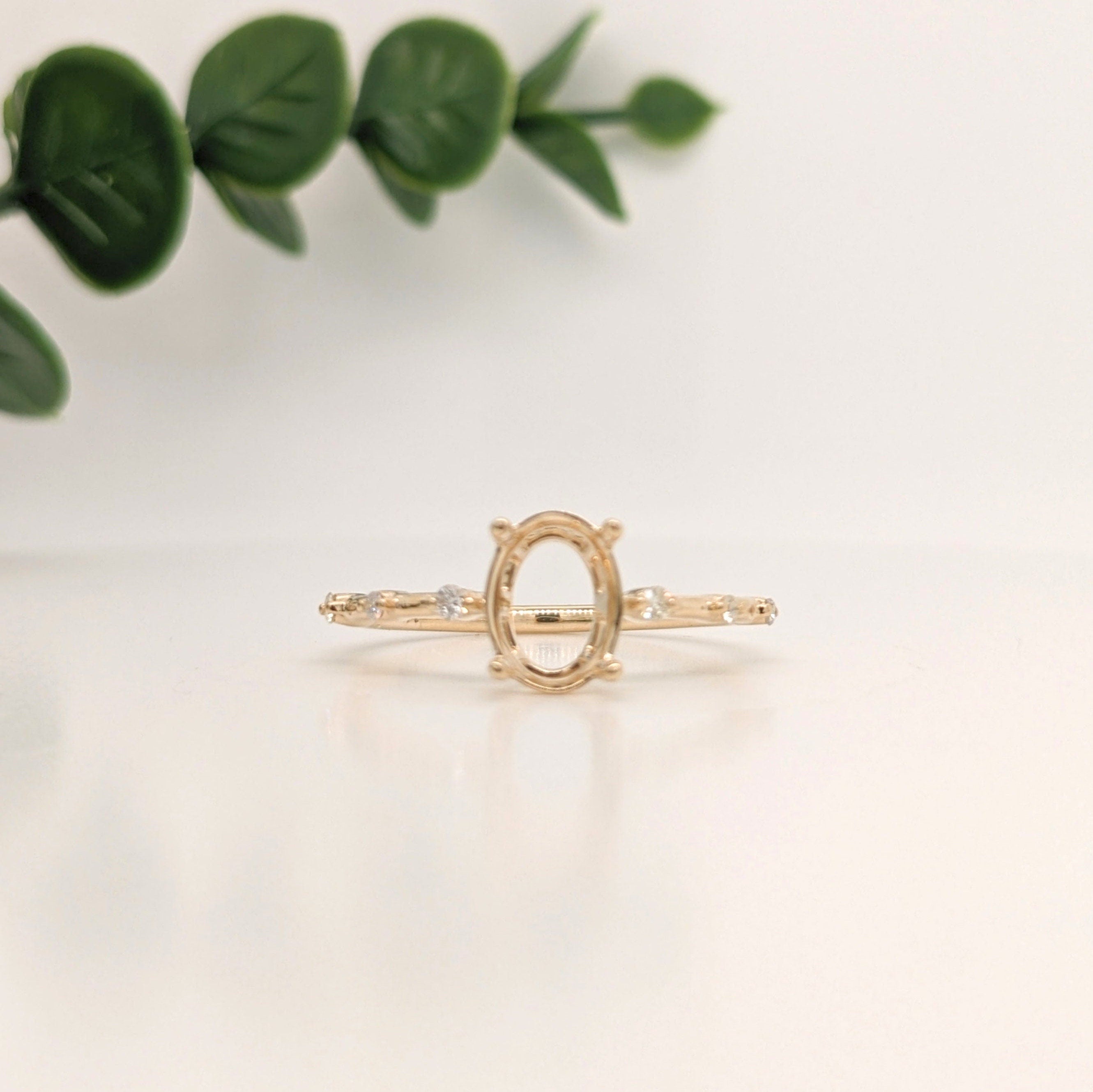 Statement Rings-Classic Solitaire Ring Setting with Minimalist Trio Diamond Accented Shank 14K Gold | Oval 8x6mm | Gemstone Ring Semi Mount | Customizable - NNJGemstones