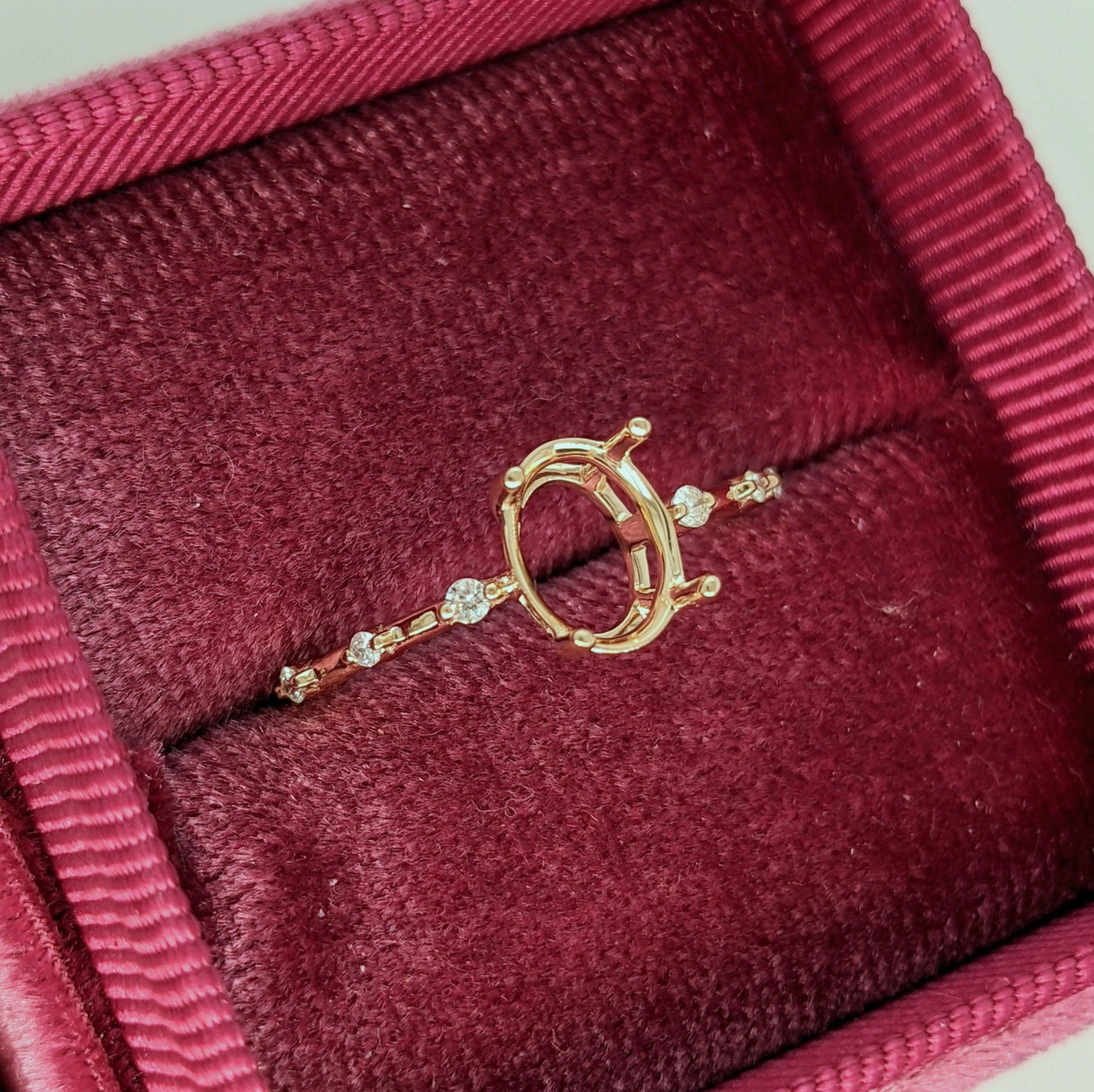 Statement Rings-Classic Solitaire Ring Setting with Minimalist Trio Diamond Accented Shank 14K Gold | Oval 8x6mm | Gemstone Ring Semi Mount | Customizable - NNJGemstones