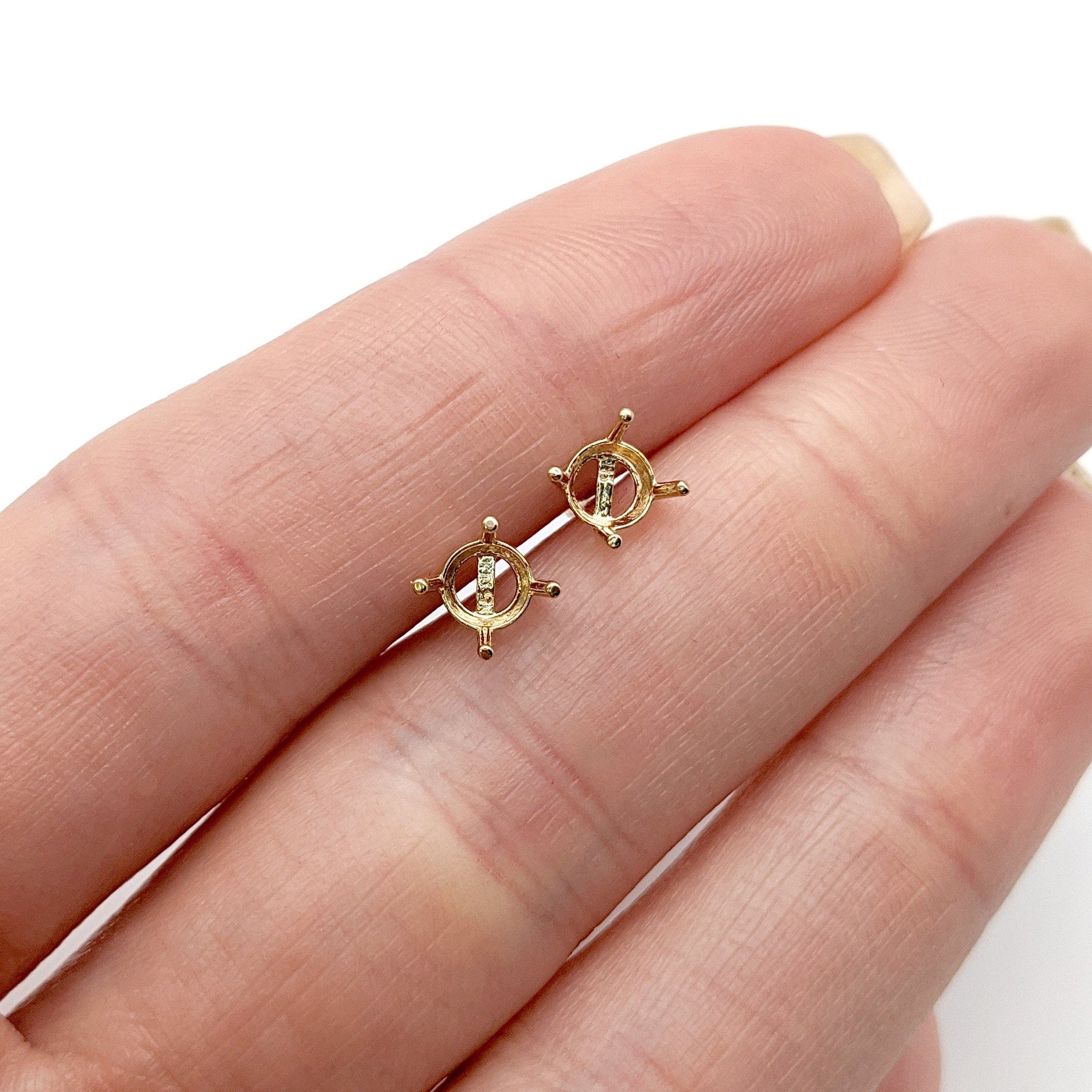 Round Earring Settings for Studs in Solid 14k Gold Mounting | 3mm 4mm 5mm 6mm 7mm 8mm 9mm | Screw backs Push Backs | Solitaire Findings |