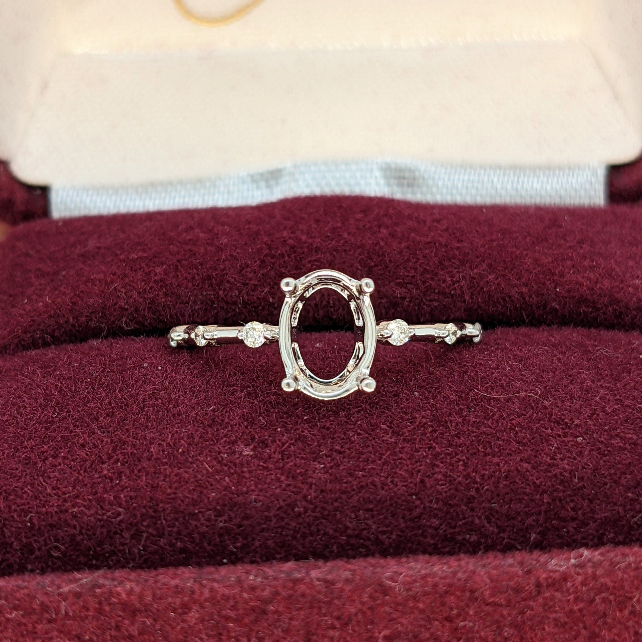 Statement Rings-Classic Solitaire Ring Setting with Minimalist Trio Diamond Accented Shank 14K Gold | Oval 8x6mm | Gemstone Ring Semi Mount | Customizable - NNJGemstones