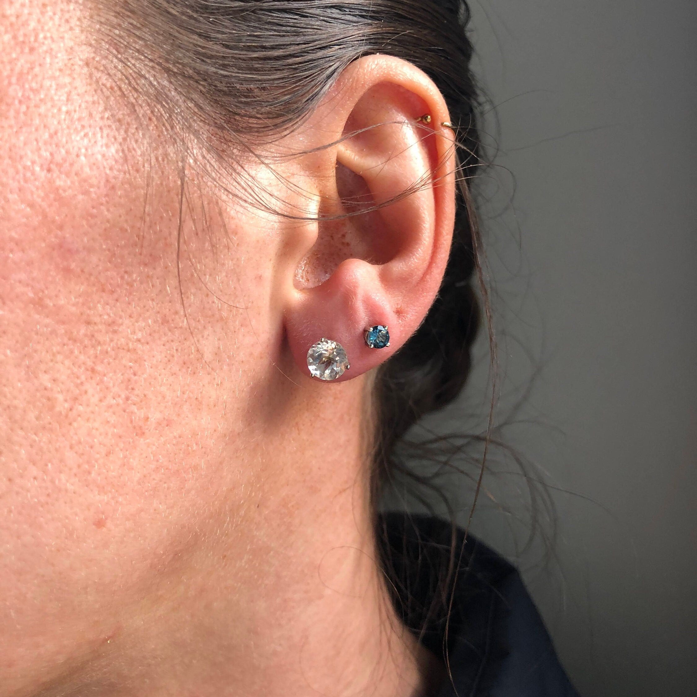 Classy White Topaz Studs in Solid 14K White, Yellow or Rose Gold | Round 5mm 7mm | Martini 3 Prong | Minimalist | Gemstone Earrings