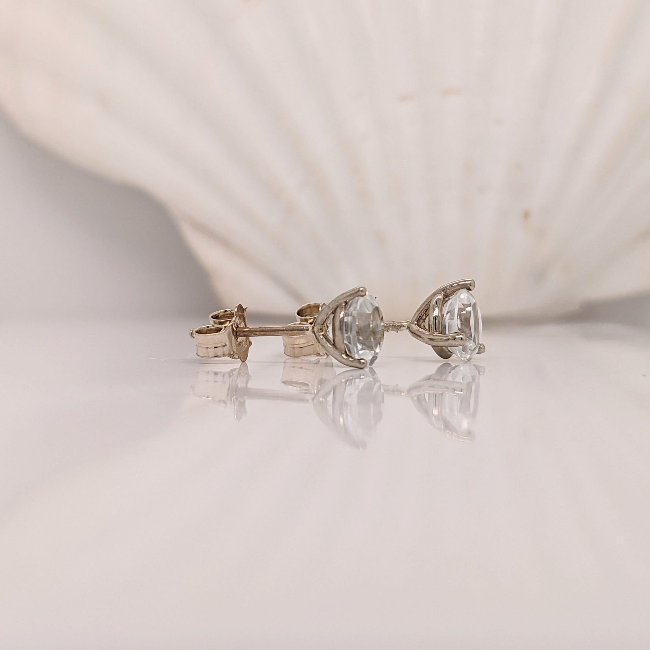 Classy White Topaz Studs in Solid 14K White, Yellow or Rose Gold | Round 5mm 7mm | Martini 3 Prong | Minimalist | Gemstone Earrings