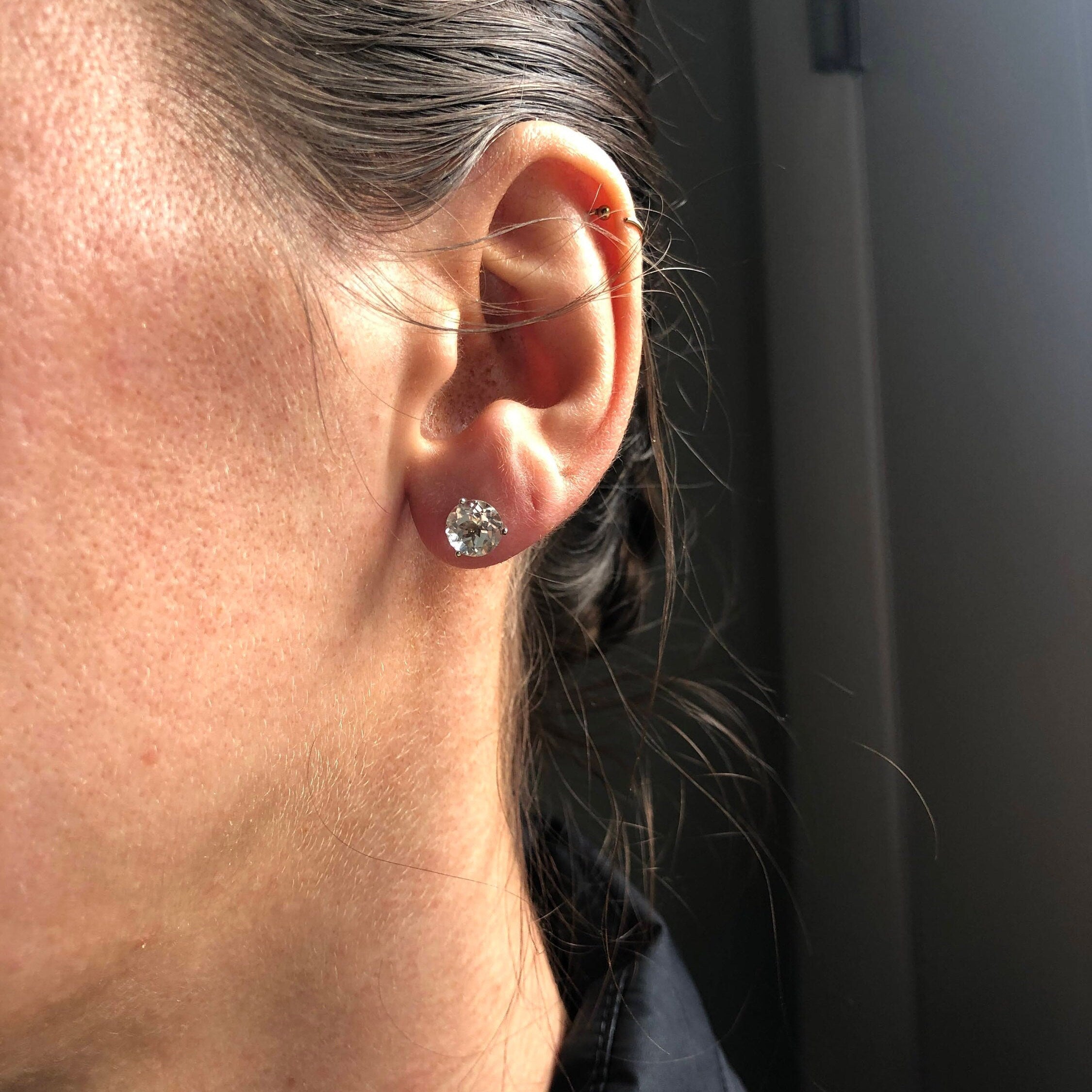 Classy White Topaz Studs in Solid 14K White, Yellow or Rose Gold | Round 5mm 7mm | Martini 3 Prong | Minimalist | Gemstone Earrings