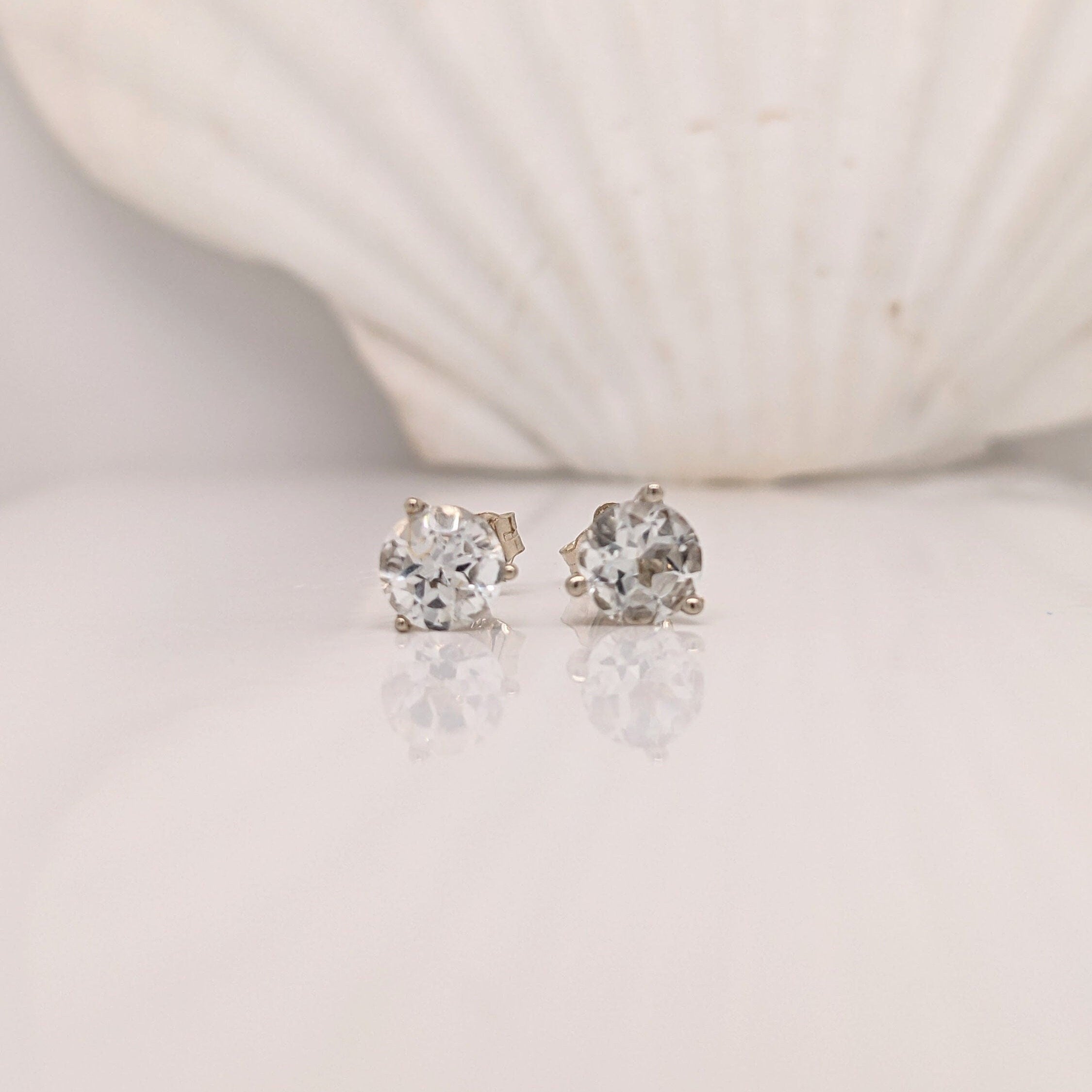 Classy White Topaz Studs in Solid 14K White, Yellow or Rose Gold | Round 5mm 7mm | Martini 3 Prong | Minimalist | Gemstone Earrings