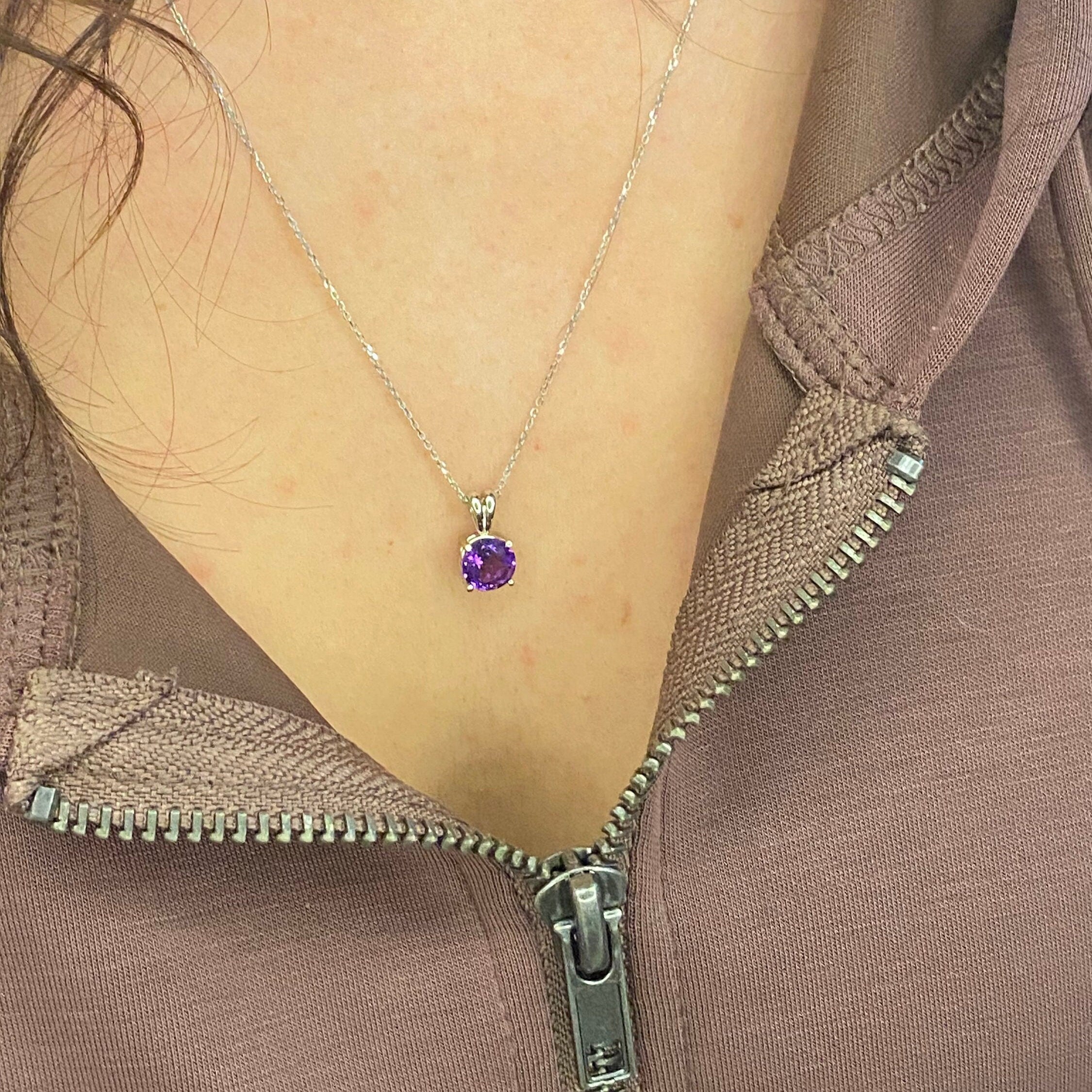 Pendants-Pretty Solitaire Amethyst Pendant in Solid 14k White, Yellow or Rose Gold | Rabbit Bail | Round 7mm | Prong | Purple Gem | February Birthday - NNJGemstones