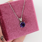 Pendants-Pretty Solitaire Amethyst Pendant in Solid 14k White, Yellow or Rose Gold | Rabbit Bail | Round 7mm | Prong | Purple Gem | February Birthday - NNJGemstones