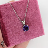 Pendants-Pretty Solitaire Amethyst Pendant in Solid 14k White, Yellow or Rose Gold | Rabbit Bail | Round 7mm | Prong | Purple Gem | February Birthday - NNJGemstones