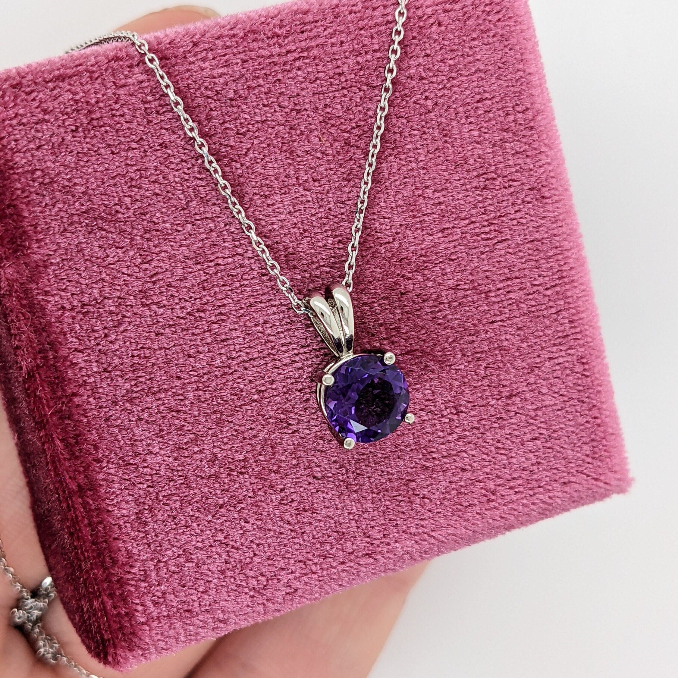 Pendants-Pretty Solitaire Amethyst Pendant in Solid 14k White, Yellow or Rose Gold | Rabbit Bail | Round 7mm | Prong | Purple Gem | February Birthday - NNJGemstones