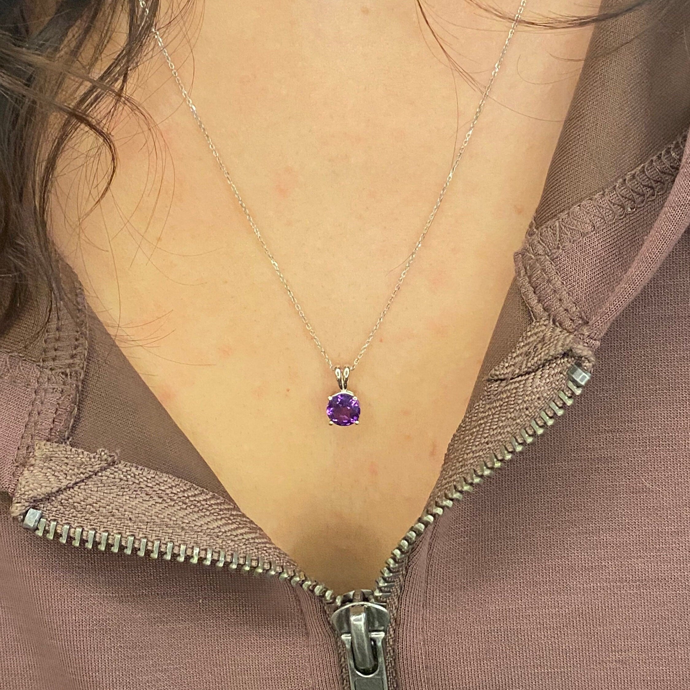 Pendants-Pretty Solitaire Amethyst Pendant in Solid 14k White, Yellow or Rose Gold | Rabbit Bail | Round 7mm | Prong | Purple Gem | February Birthday - NNJGemstones