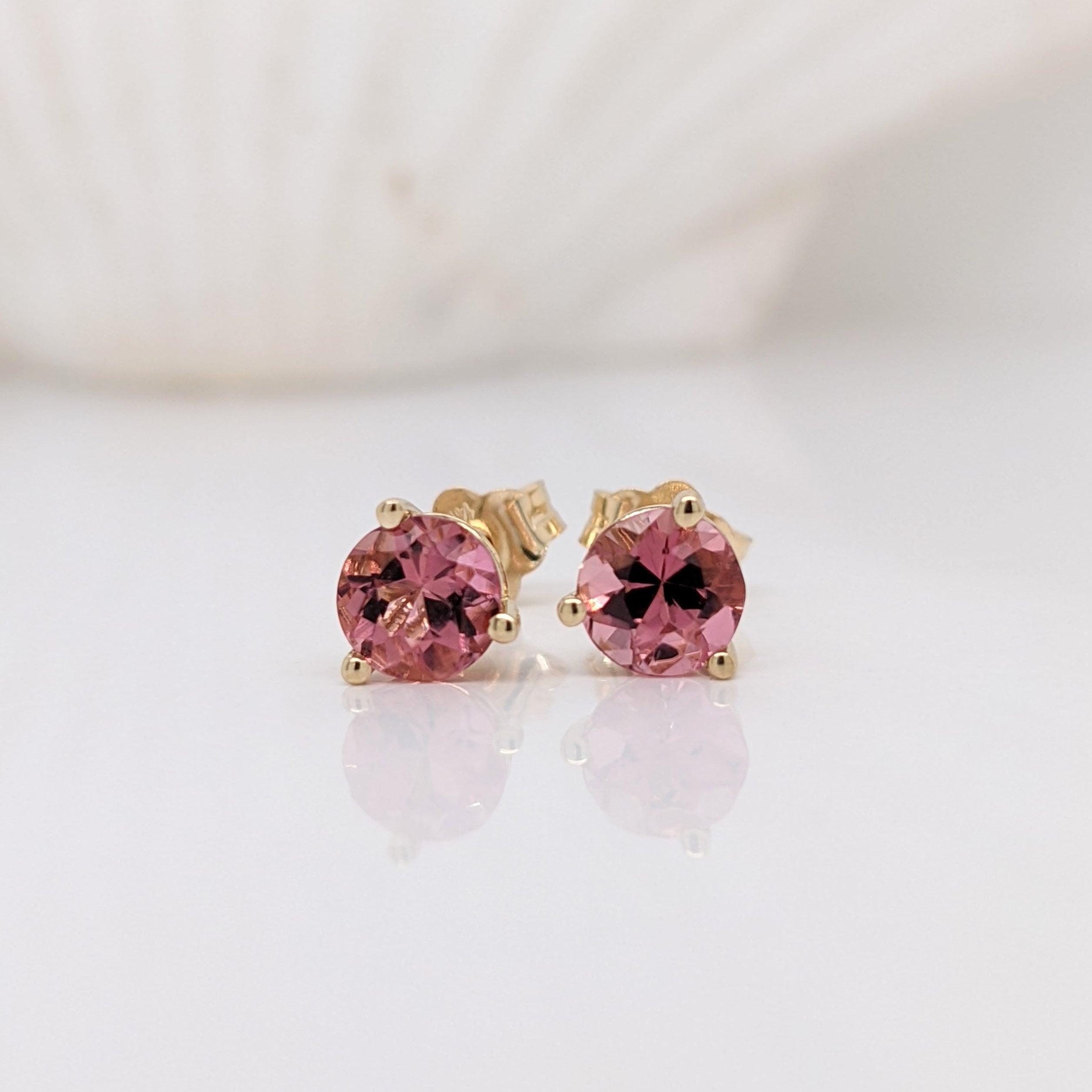 Natural Pink Tourmaline Martini Prong Earring Studs Round 4mm 5mm in 14k White, Yellow or Rose Gold | Dainty Studs | October Birthstone