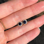 Blue Sapphire Stud Earrings w Natural Diamond Halo in Solid 14k White and Yellow Gold | Round 4mm | Pushback | September Birthstone