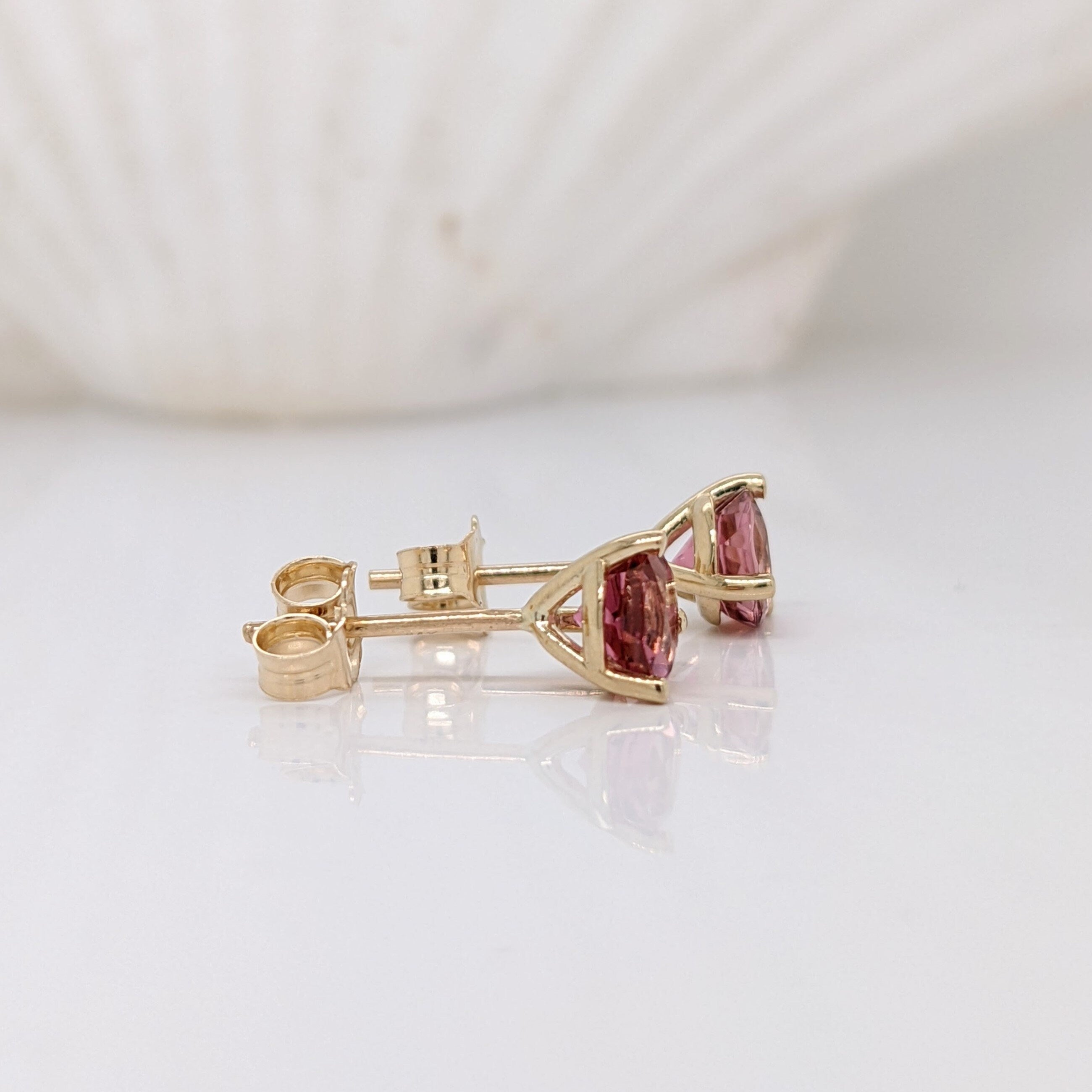 Natural Pink Tourmaline Martini Prong Earring Studs Round 4mm 5mm in 14k White, Yellow or Rose Gold | Dainty Studs | October Birthstone
