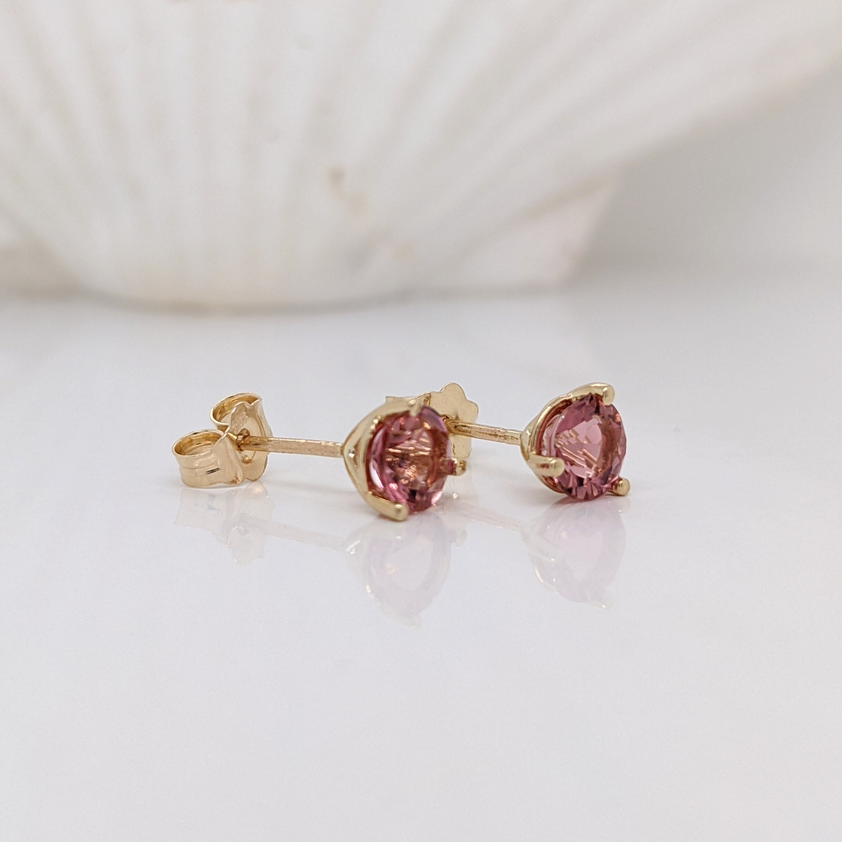 Natural Pink Tourmaline Martini Prong Earring Studs Round 4mm 5mm in 14k White, Yellow or Rose Gold | Dainty Studs | October Birthstone