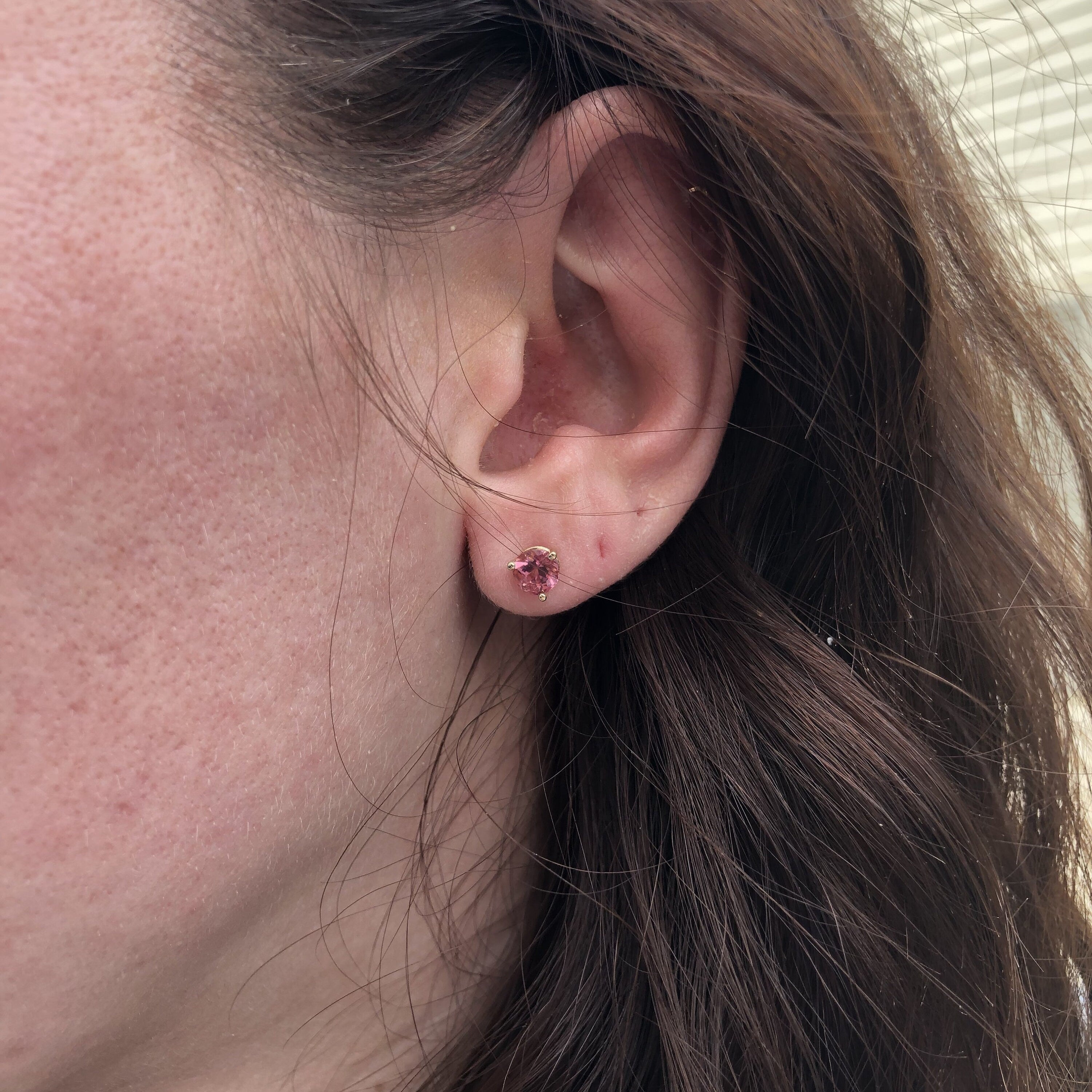 Natural Pink Tourmaline Martini Prong Earring Studs Round 4mm 5mm in 14k White, Yellow or Rose Gold | Dainty Studs | October Birthstone