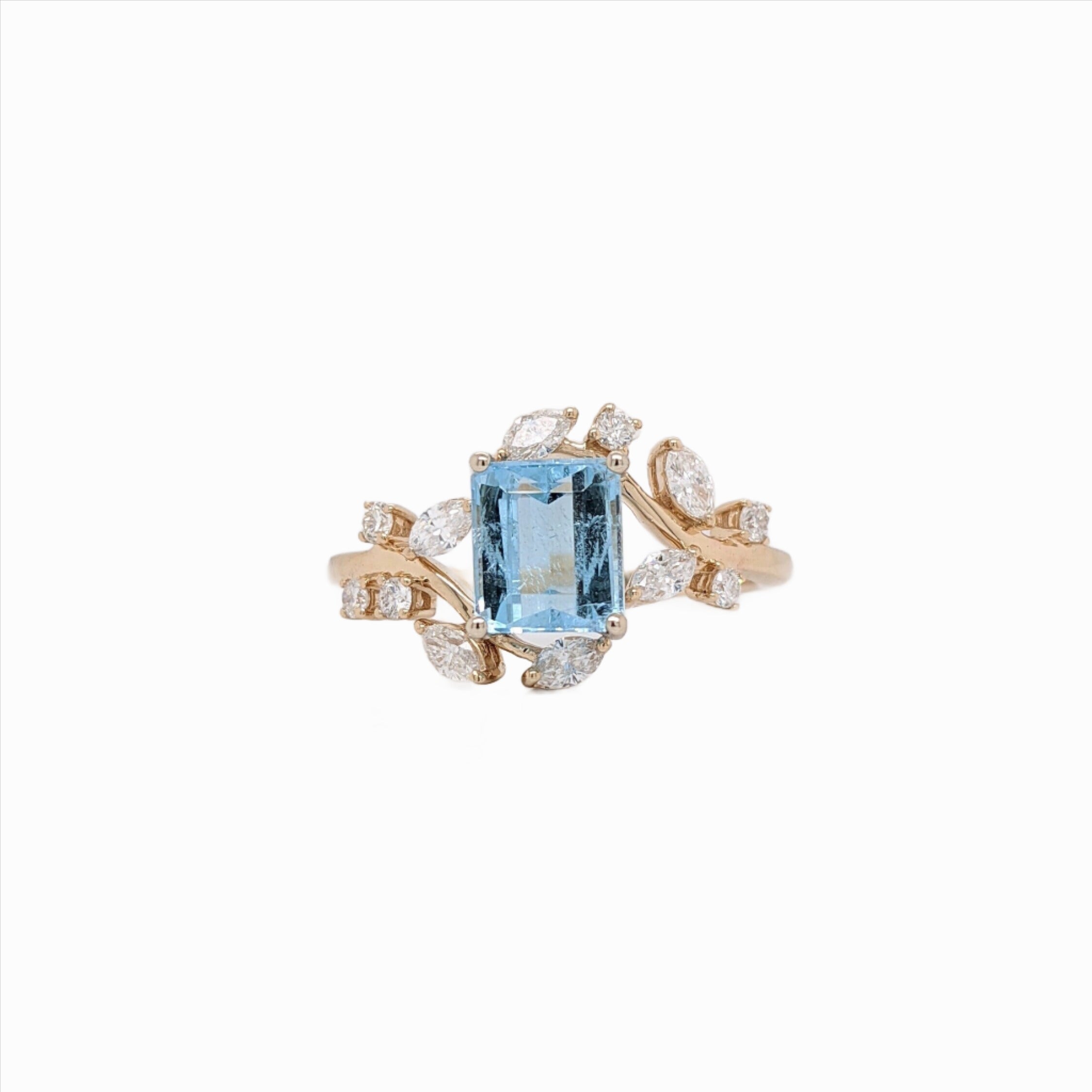 Santa Maria Aquamarine Ring in Solid 14K Yellow Gold with Natural Diamond Accents | Emerald Cut 7x5mm | March Birthstone | Engagement Ring
