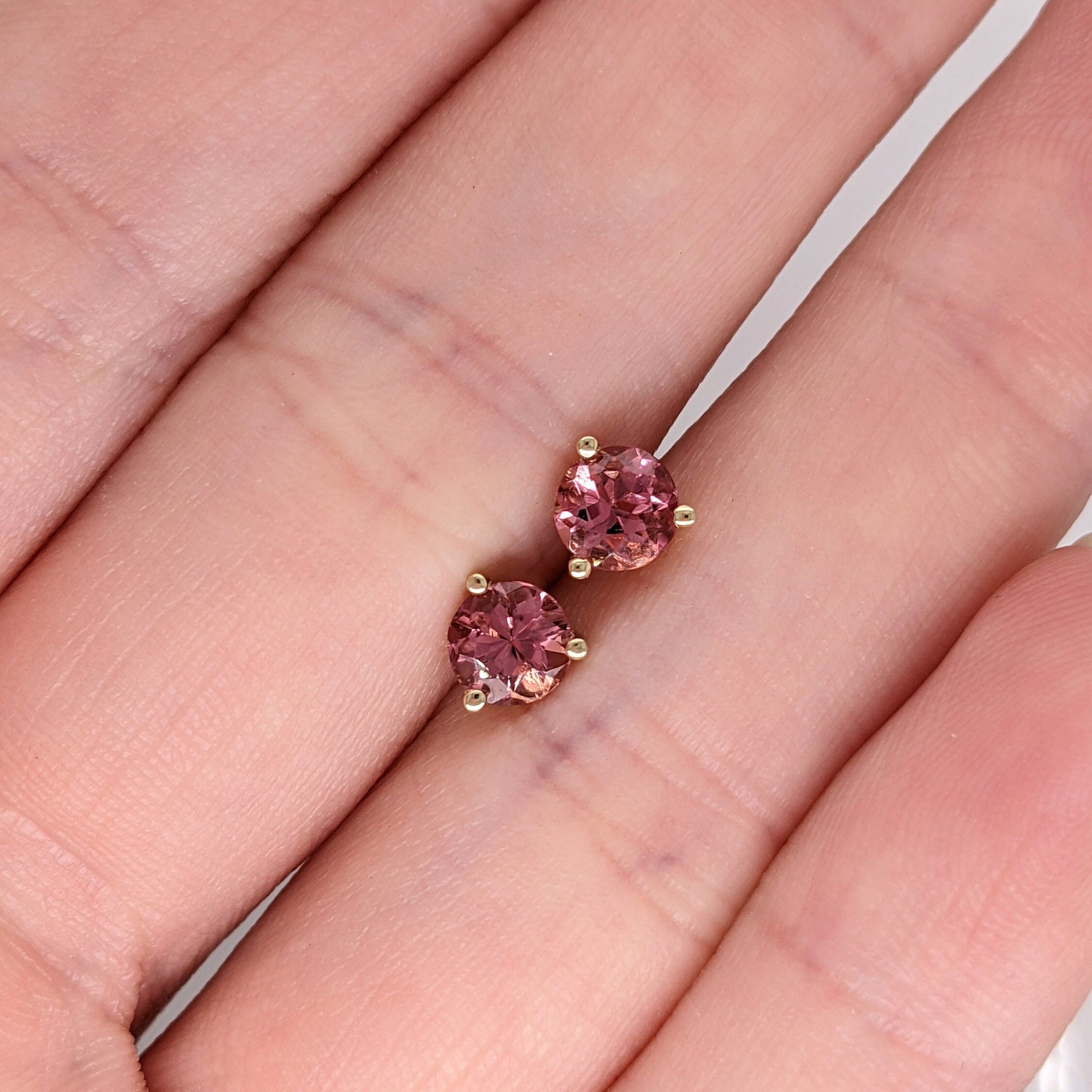 Natural Pink Tourmaline Martini Prong Earring Studs Round 4mm 5mm in 14k White, Yellow or Rose Gold | Dainty Studs | October Birthstone