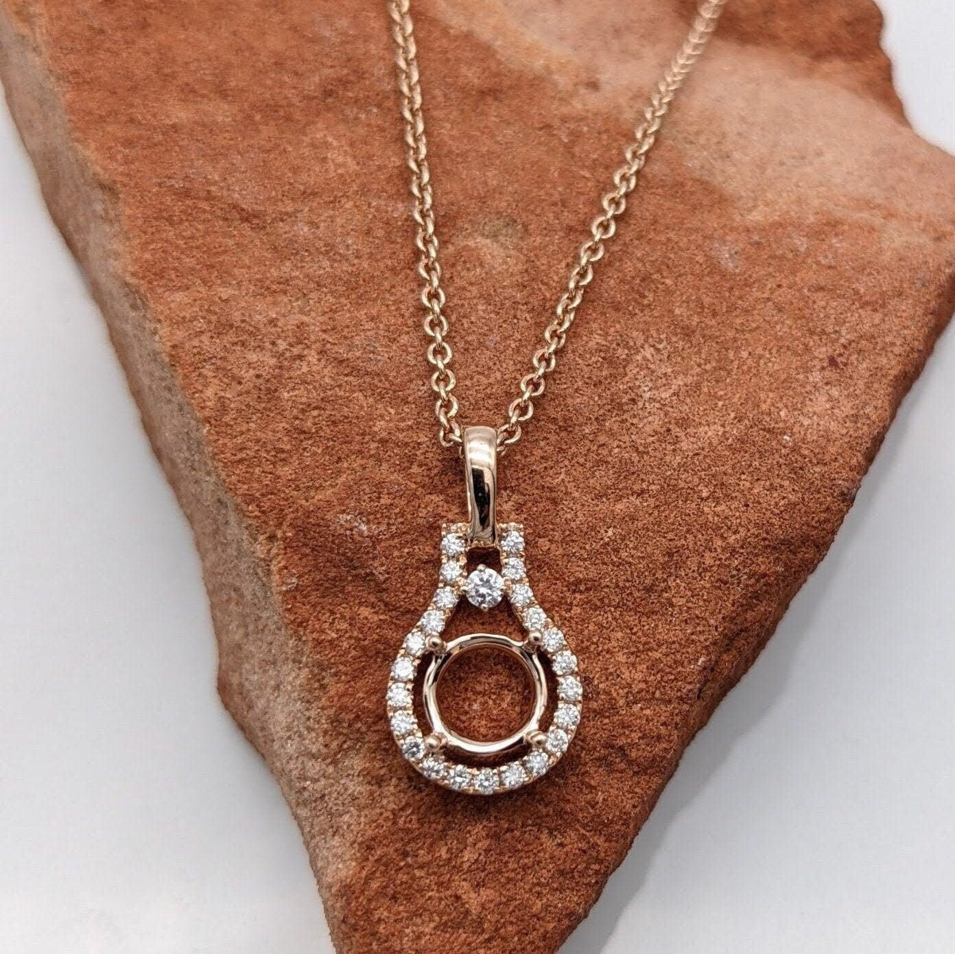 Halo Pendant setting with Natural Diamond Details in Solid 14k Gold | Round 4mm 5mm 6mm 7mm 8mm | Stone Setting | Gemstone Necklace | Prong