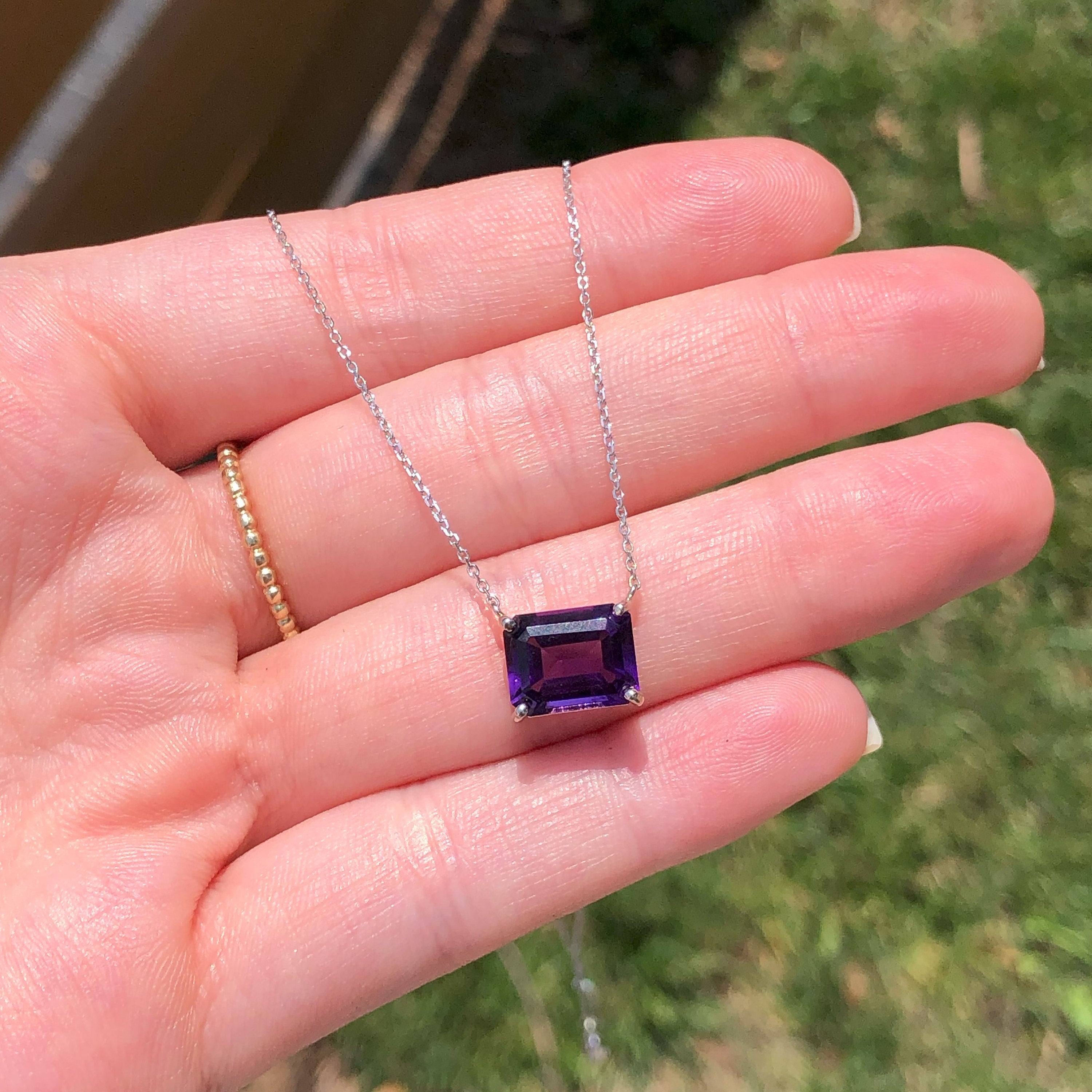 Solitaire Amethyst Pendant in Solid 14k White, Yellow or Rose Gold | Emerald Cut 10x8mm | East West | Purple Gemstone | February Birthday