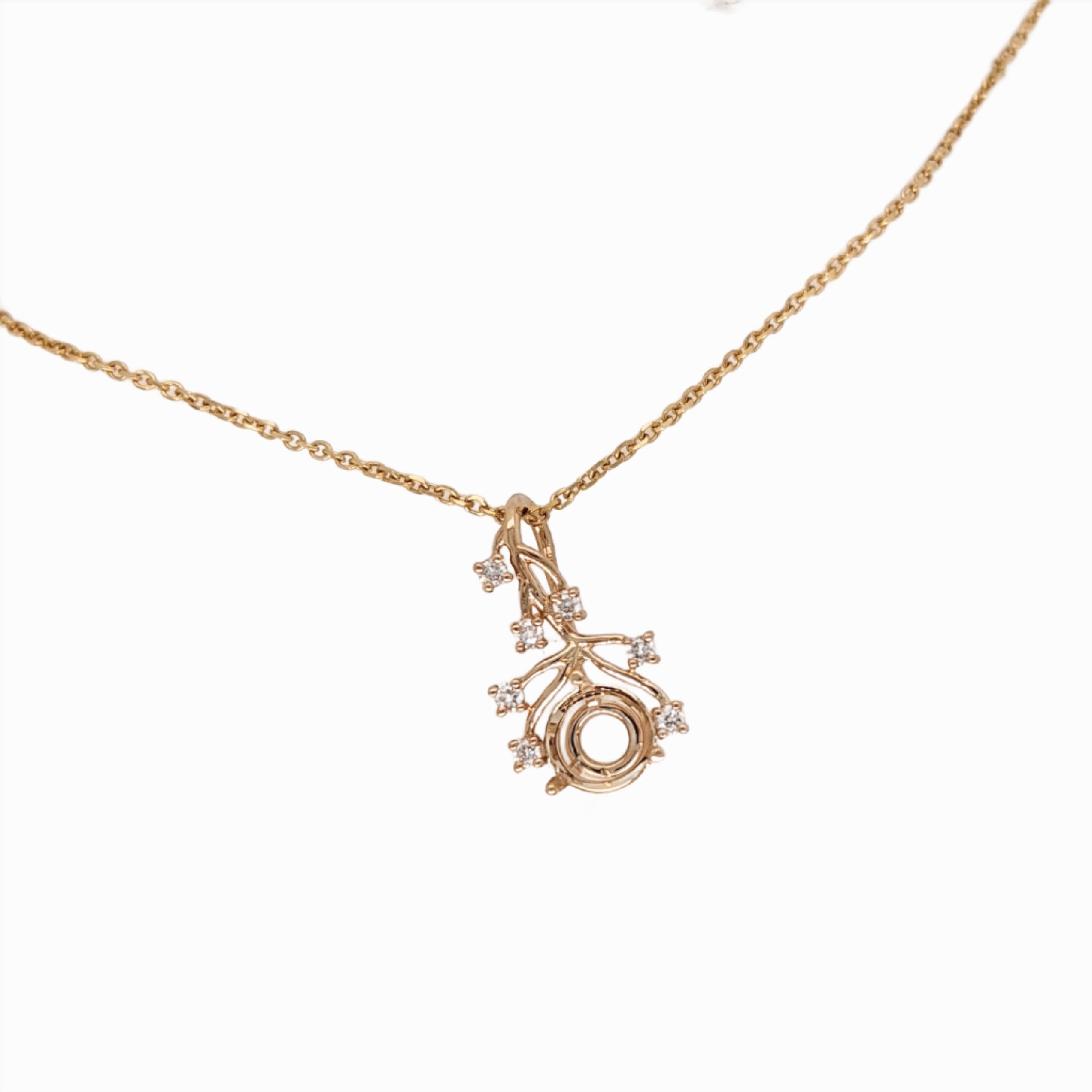 Cute Vine Design Pendant Semi-Mount in Solid 14k Gold | Round Shape Martini Prong Setting | Natural Diamond Accents | Dainty | Customizable