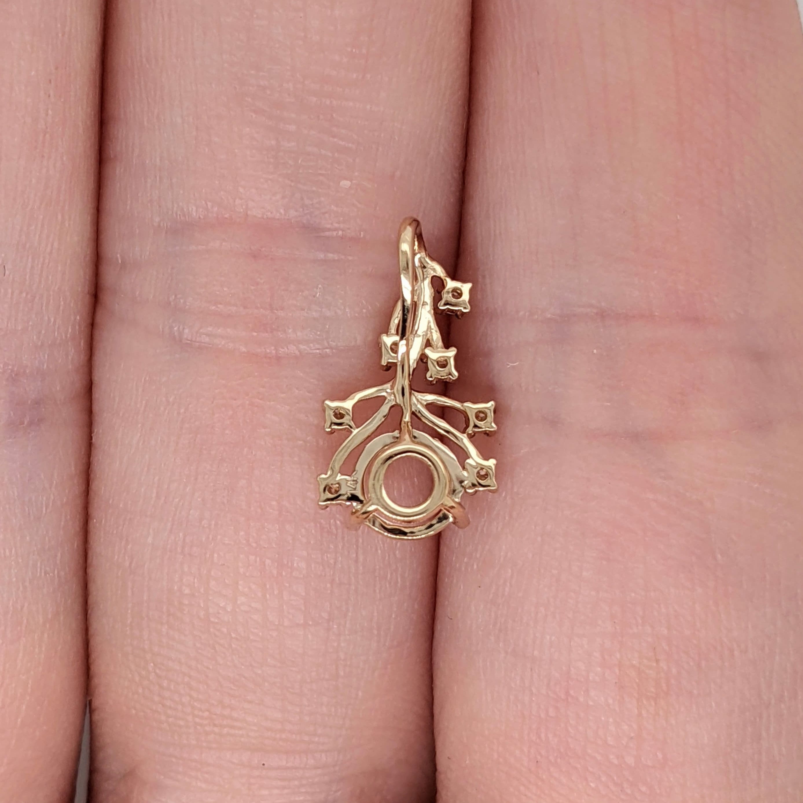 Cute Vine Design Pendant Semi-Mount in Solid 14k Gold | Round Shape Martini Prong Setting | Natural Diamond Accents | Dainty | Customizable
