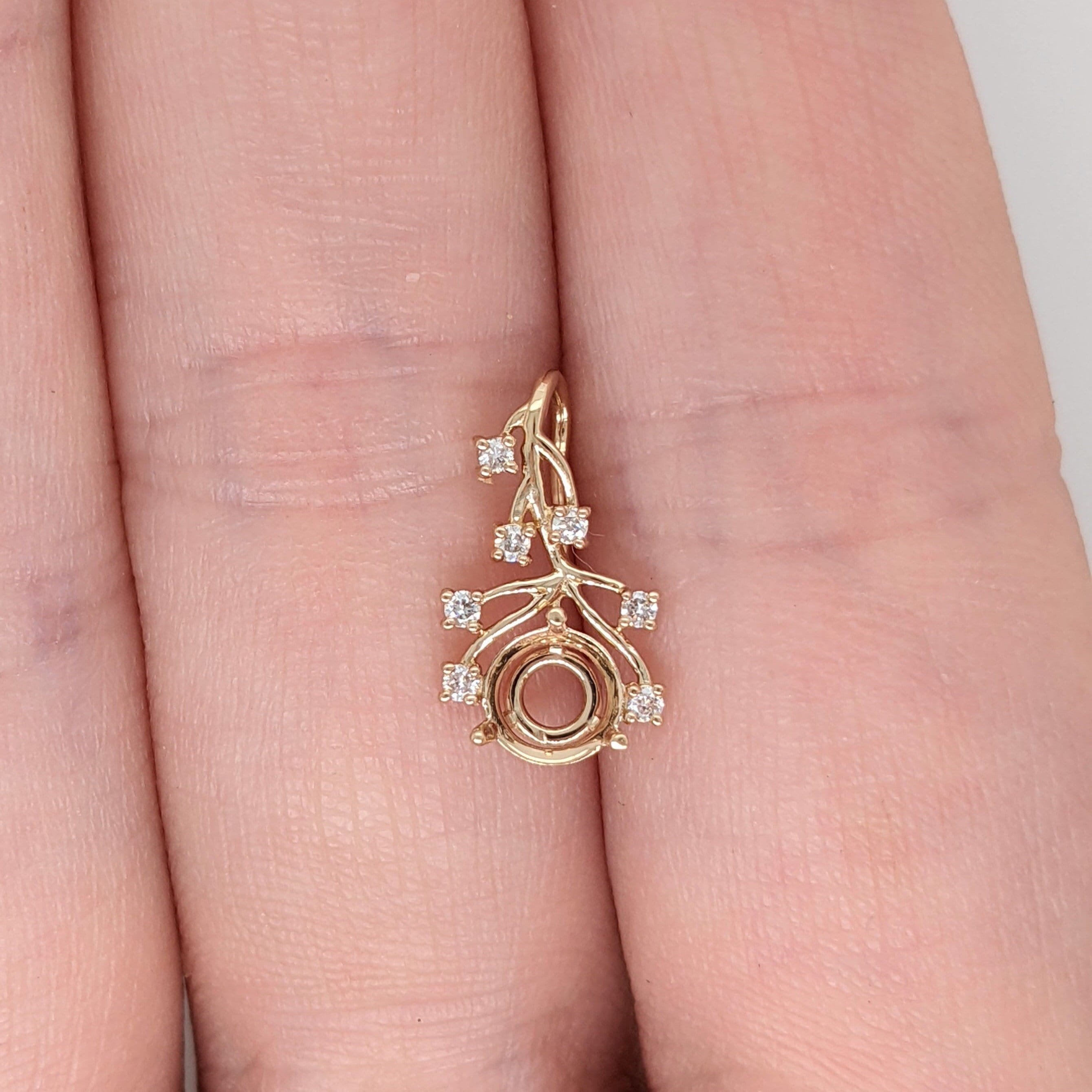Cute Vine Design Pendant Semi-Mount in Solid 14k Gold | Round Shape Martini Prong Setting | Natural Diamond Accents | Dainty | Customizable