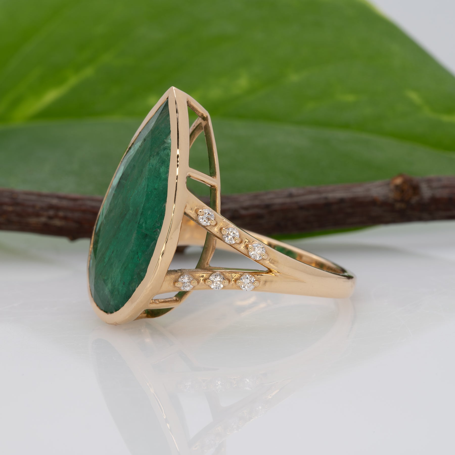 14K yellow gold Zambian emerald pear ring with diamond accents