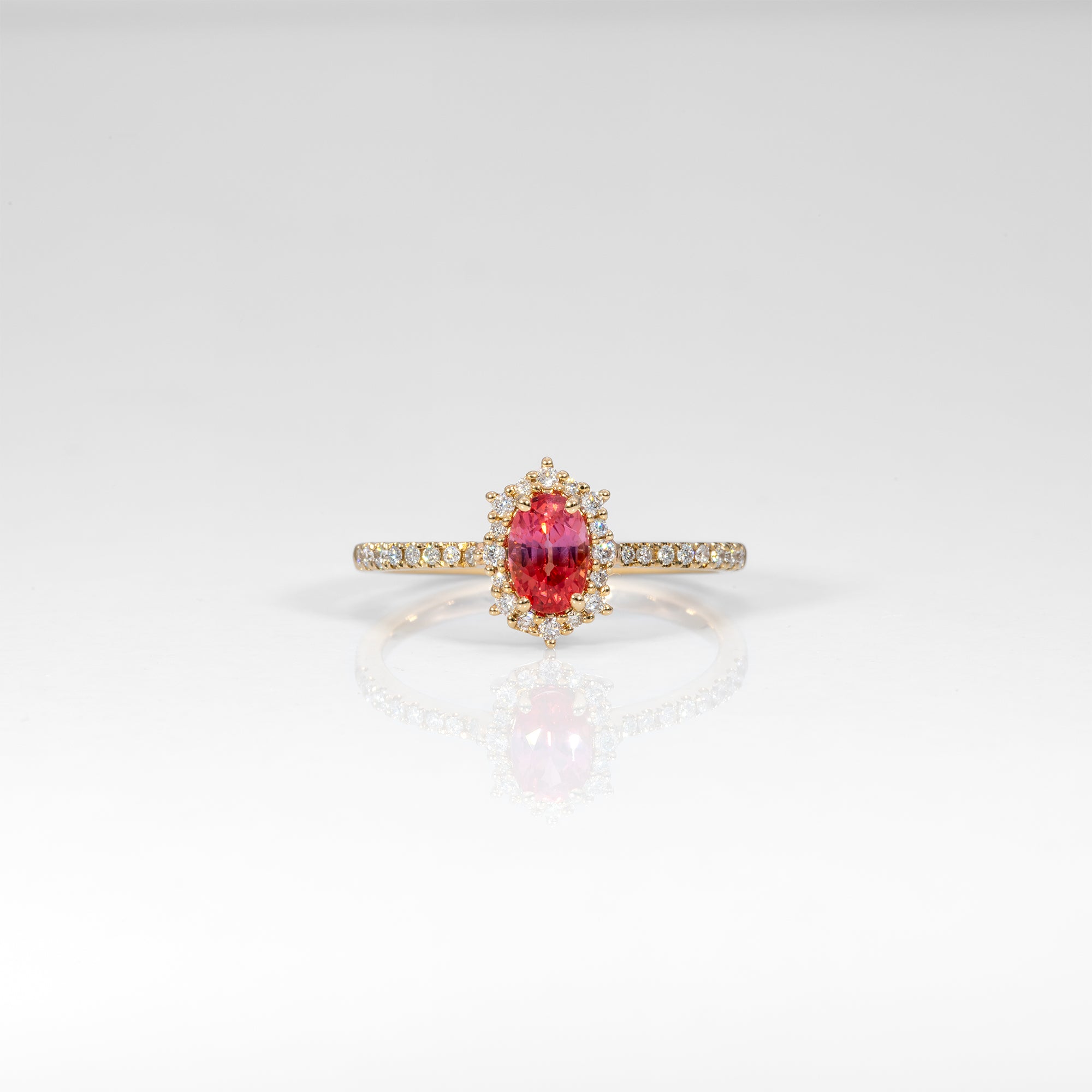14K yellow gold padparadscha sapphire ring with diamond accents