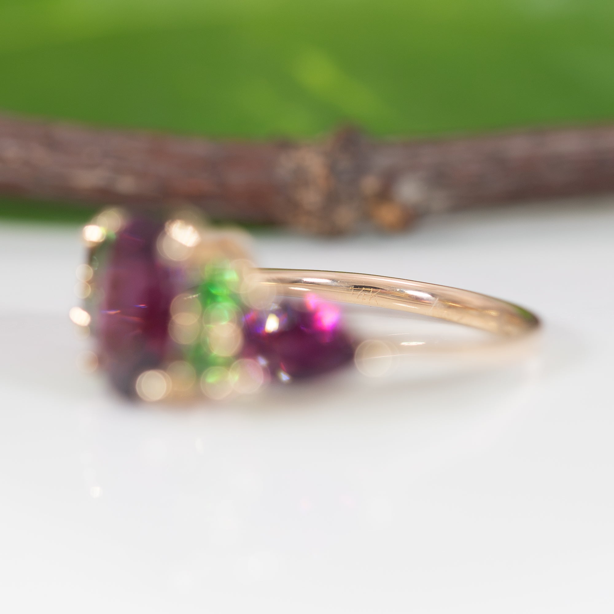 14K yellow gold purple garnet ring