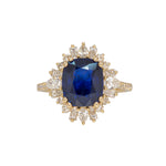14K yellow gold GIA Ceylon sapphire cushion ring with diamond halo
