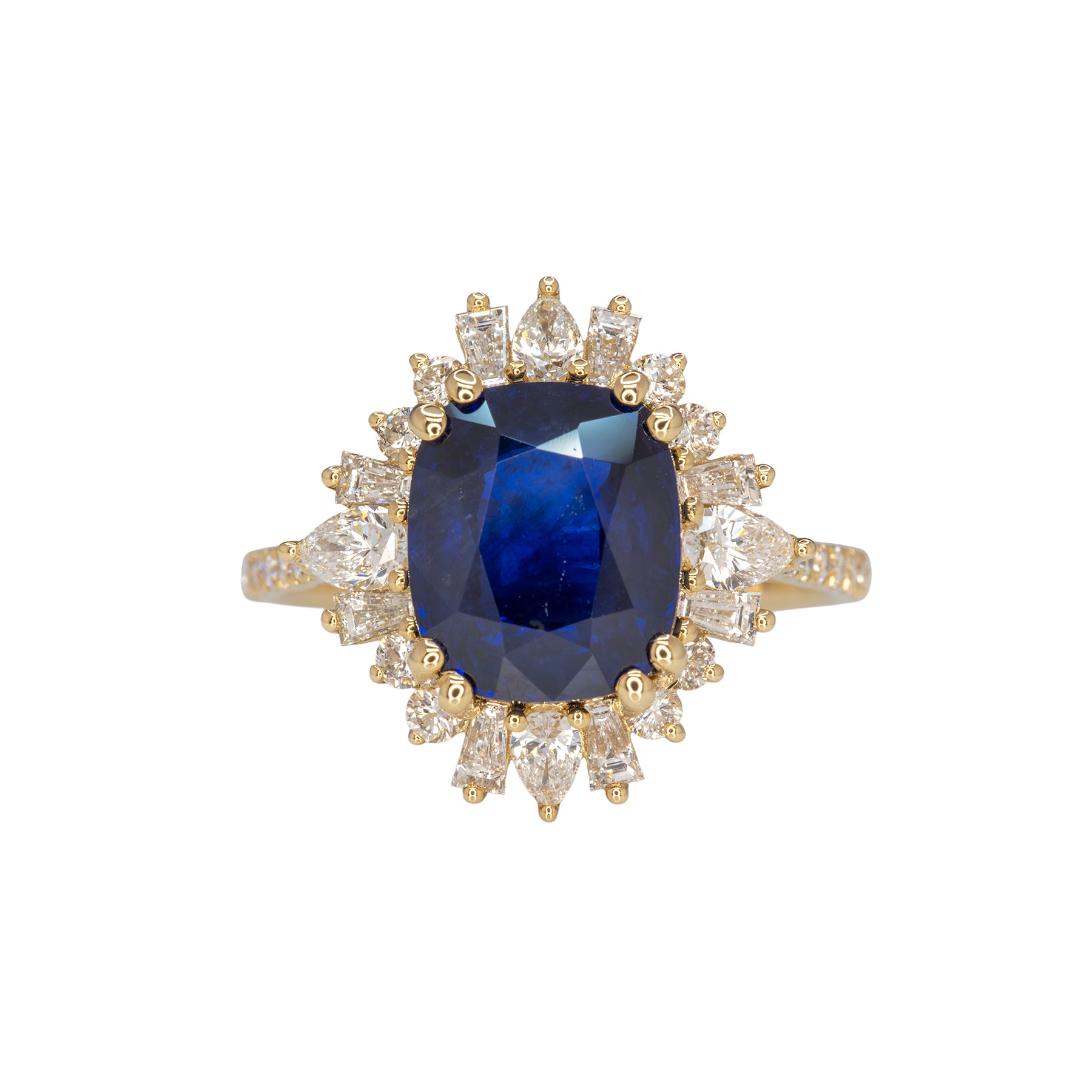 14K yellow gold GIA Ceylon sapphire cushion ring with diamond halo