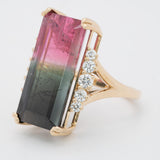 15.1Ct Bi-Color Tourmaline Ring with Earth Mined Diamond Accents: Solid 14K Gold