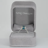 14K white gold Cambodian blue zircon cushion ring with diamond accents
