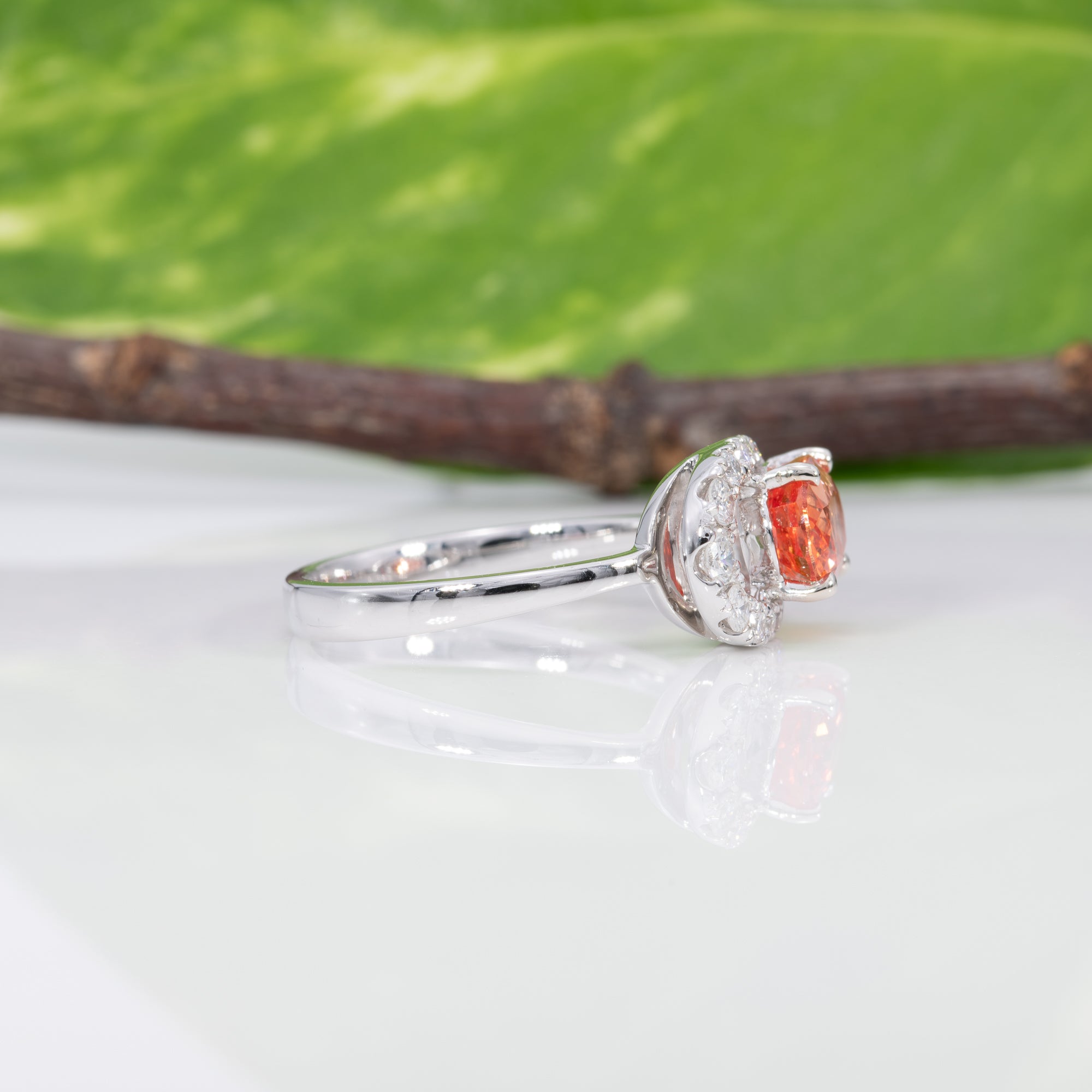 14K white gold padparadscha sapphire ring with diamond accents