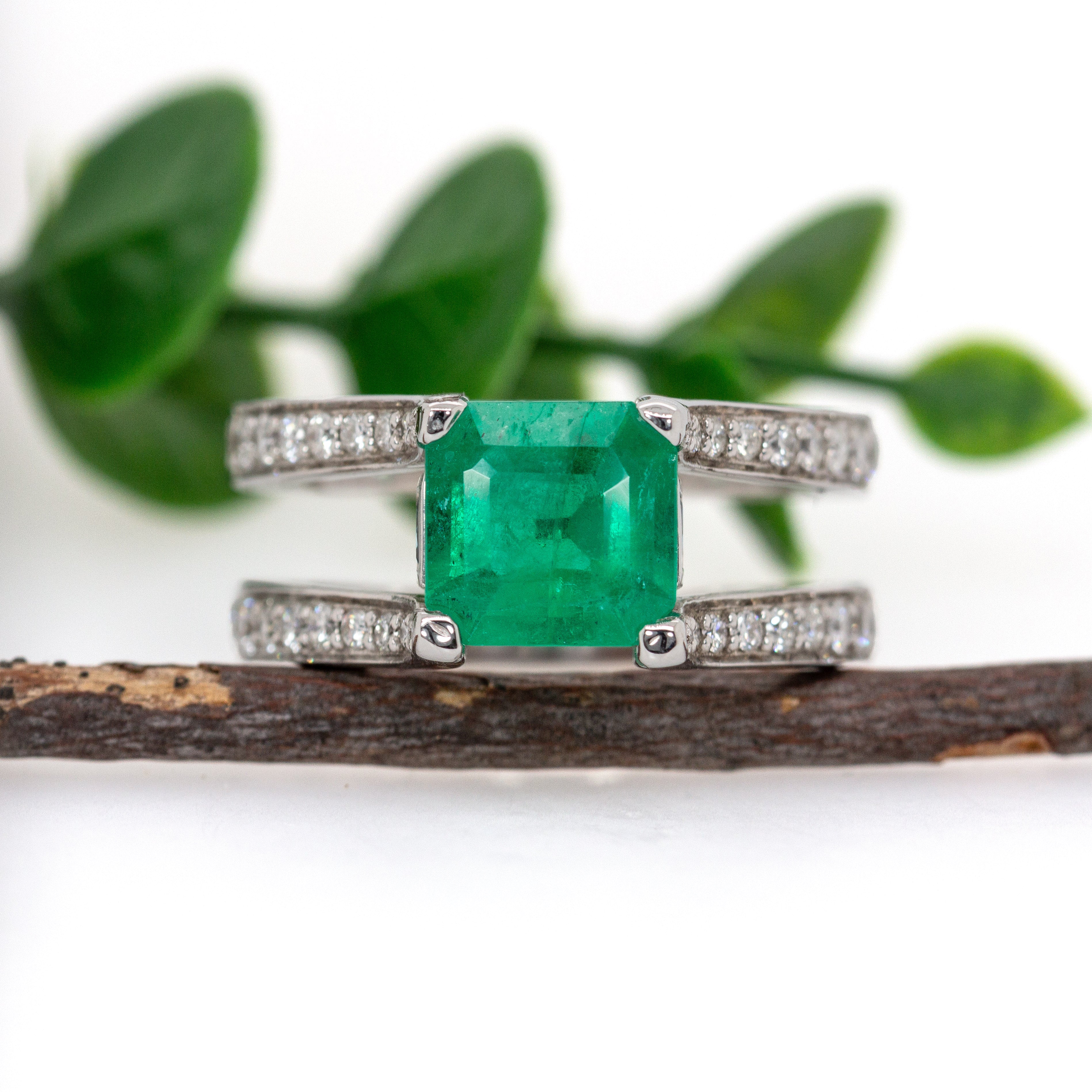 Alena 14K White Gold 2.27cts Colombian Emerald Diamond Ring | Asscher 9mm