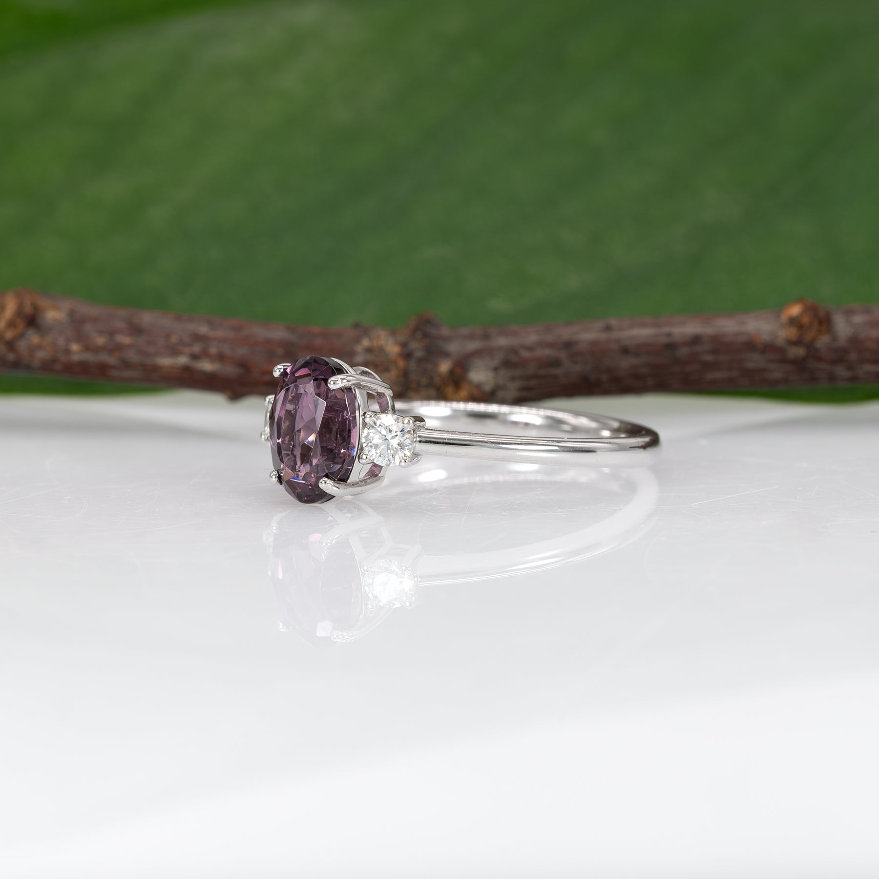 14K white gold purple spinel ring with diamond accents