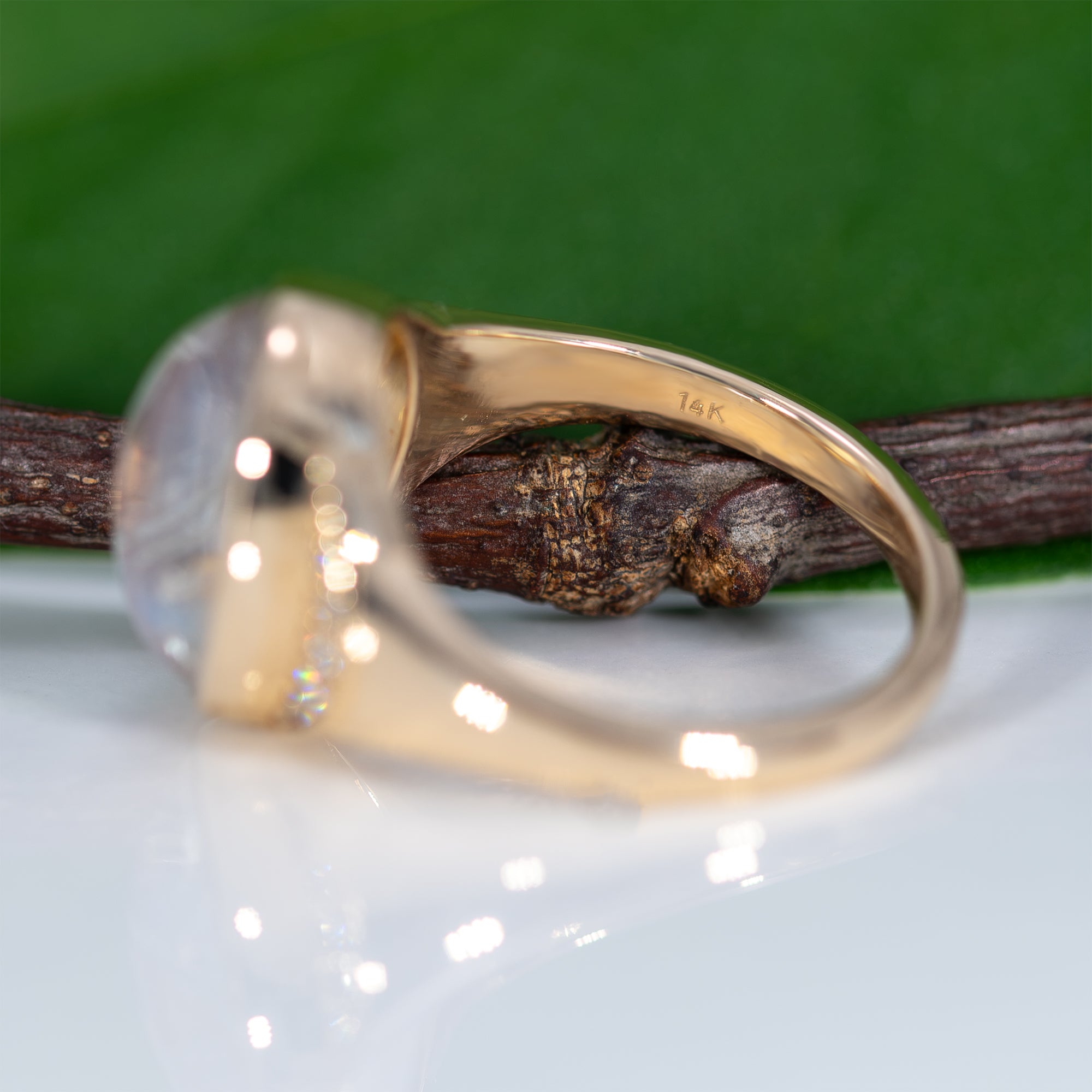 14K yellow gold rainbow moonstone cabochon ring with diamonds