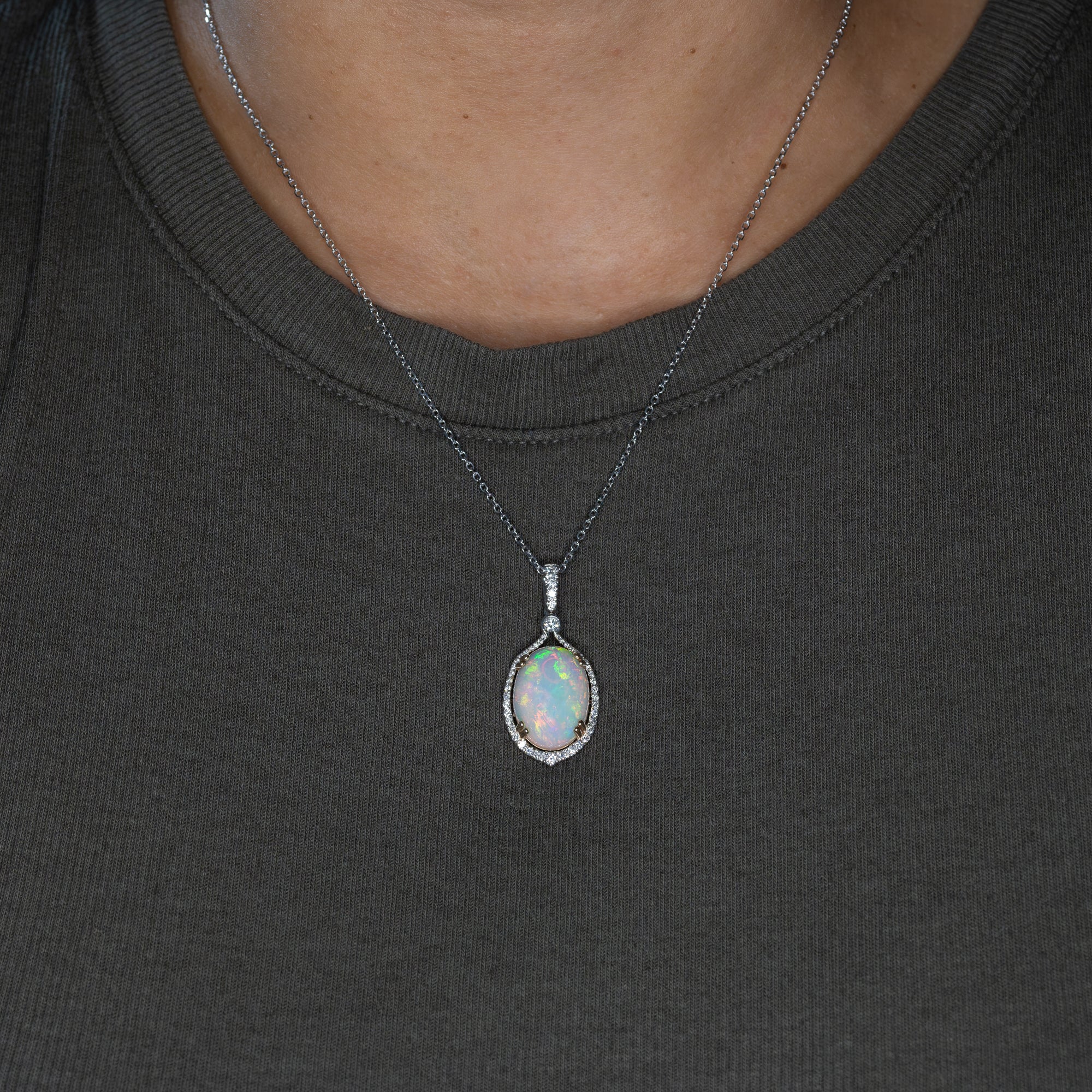 14K white & yellow gold ethiopian opal pendant with diamond accents