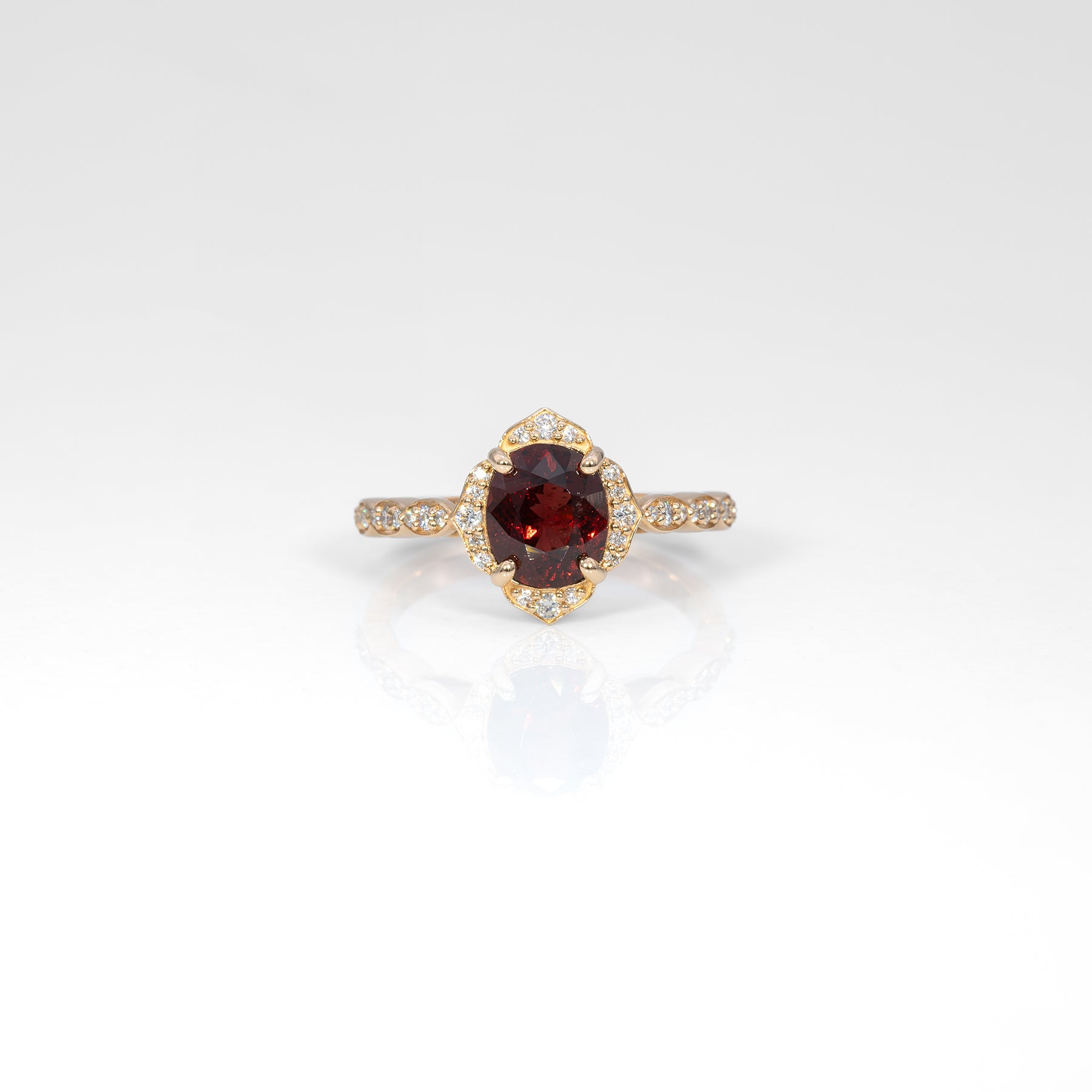 14K yellow gold red spinel ring with diamond accents