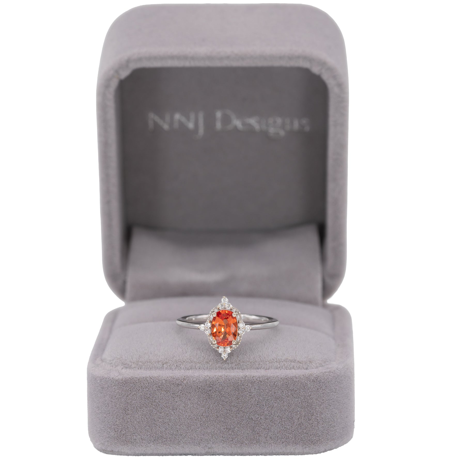 14K white gold padparadscha sapphire ring with diamond halo