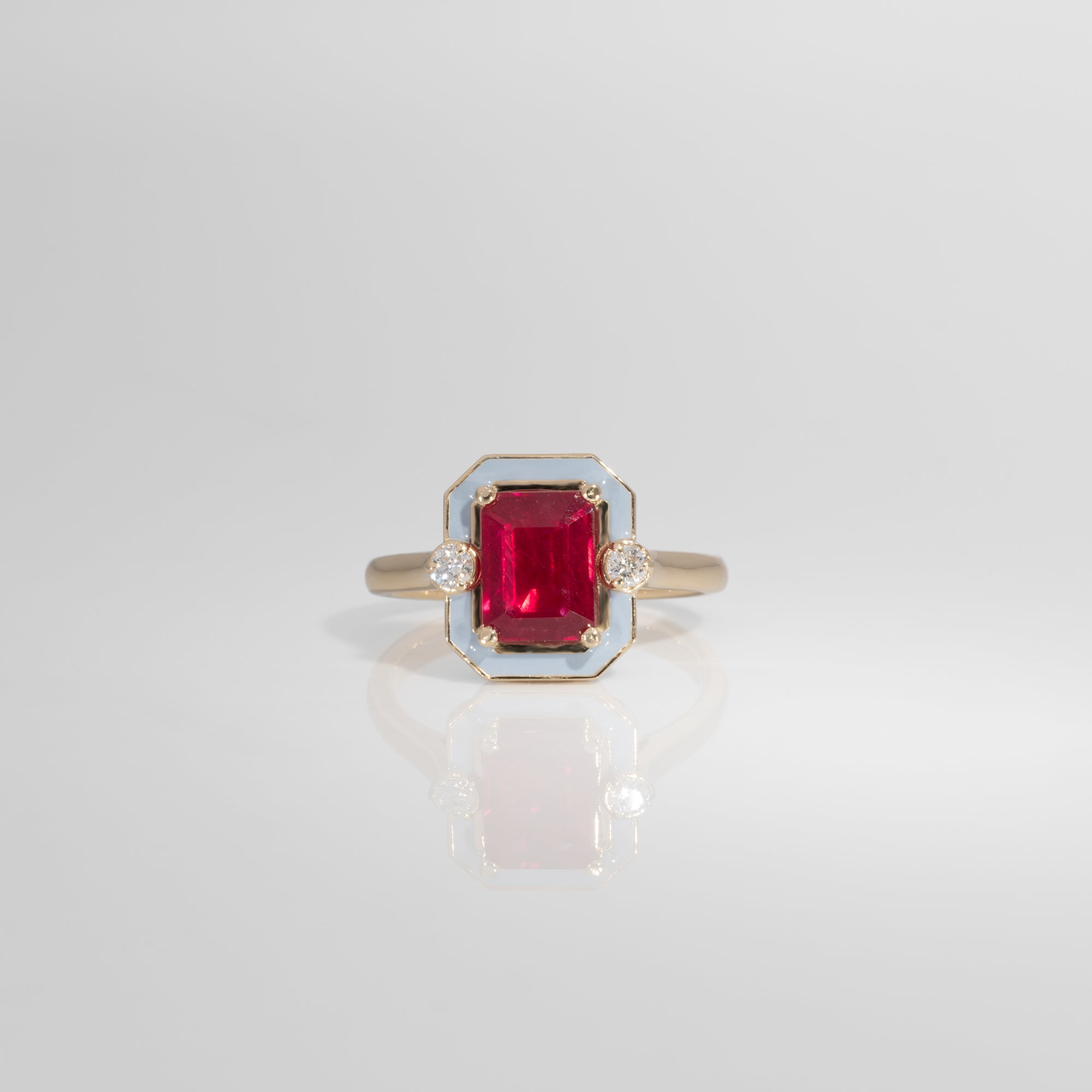 scarlet and gray ruby game day ring in 14K yellow gold