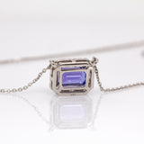 Aishee 14K White Gold AAA Tanzanite and Diamond Halo Pendant Necklace | EM 7x5mm | Attached Chain