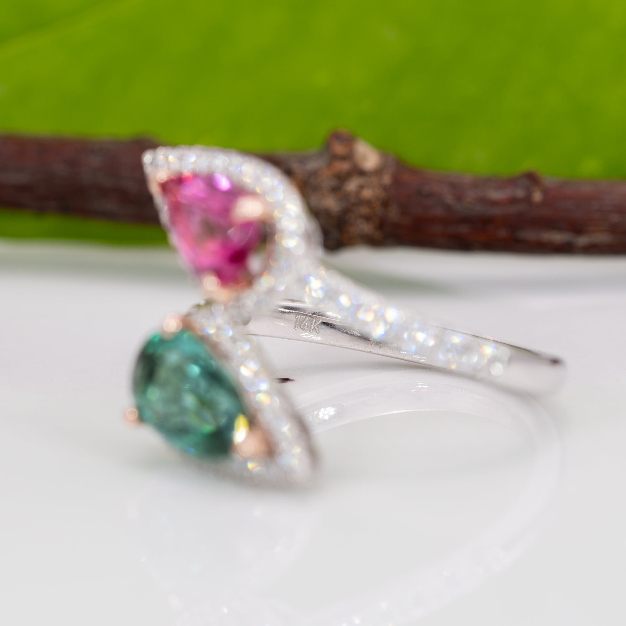 14K white & rose gold pink & indicolite tourmaline ring