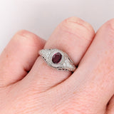 Vintage Inspired Ruby Ring w Earth Mined Diamonds in Solid 14K White Gold | Oval 5x4mm